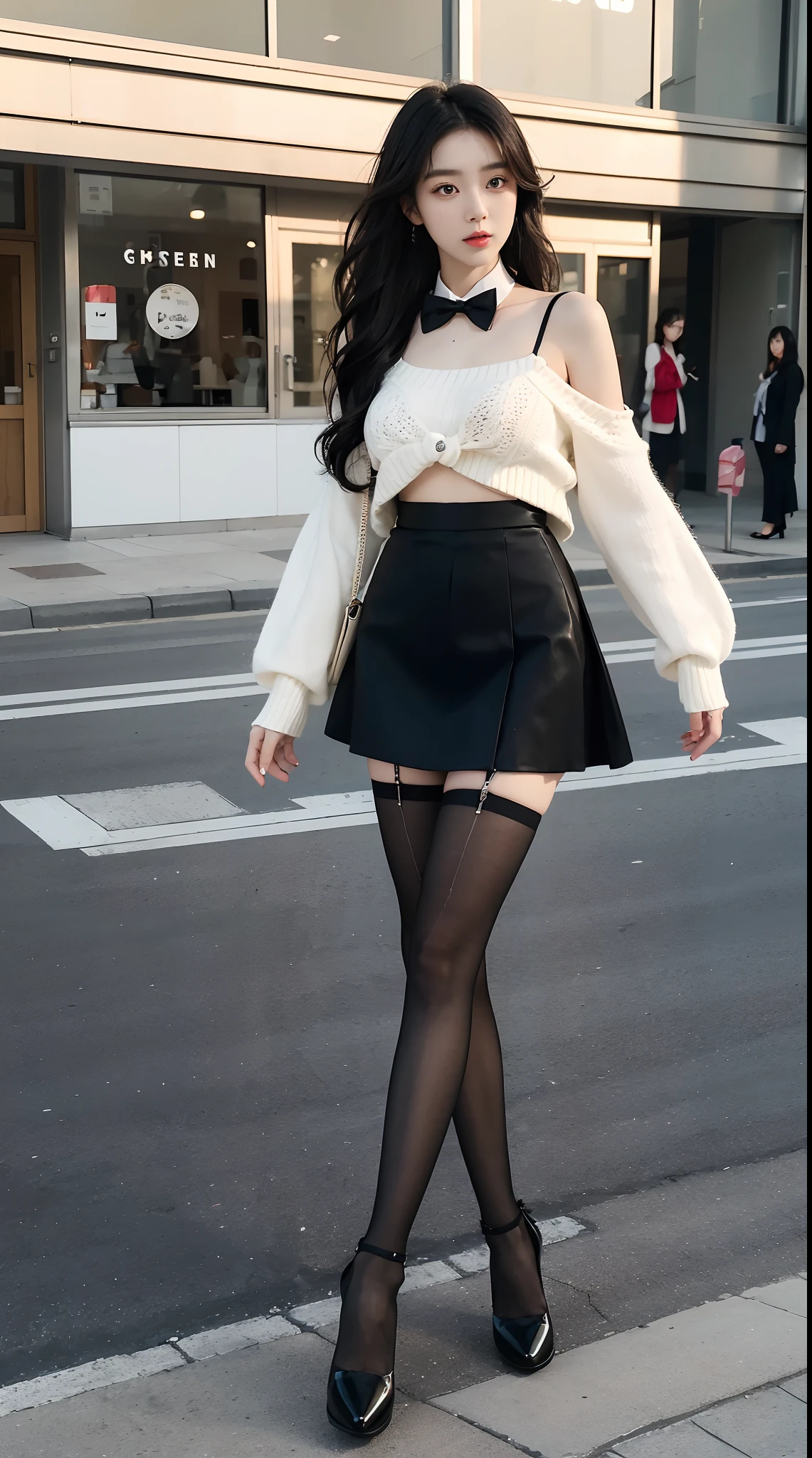 A Korean pure lust style girl,Good facial features,Large eyes and double eyelids,Long black wavy hair,white camisole,Openwork sweater,pleatedskirt,Bow tie bow tie,Slender legs,Height 1.8 meters,(Black tights 1.5),high-heels,Black pantyhose,An amusement park