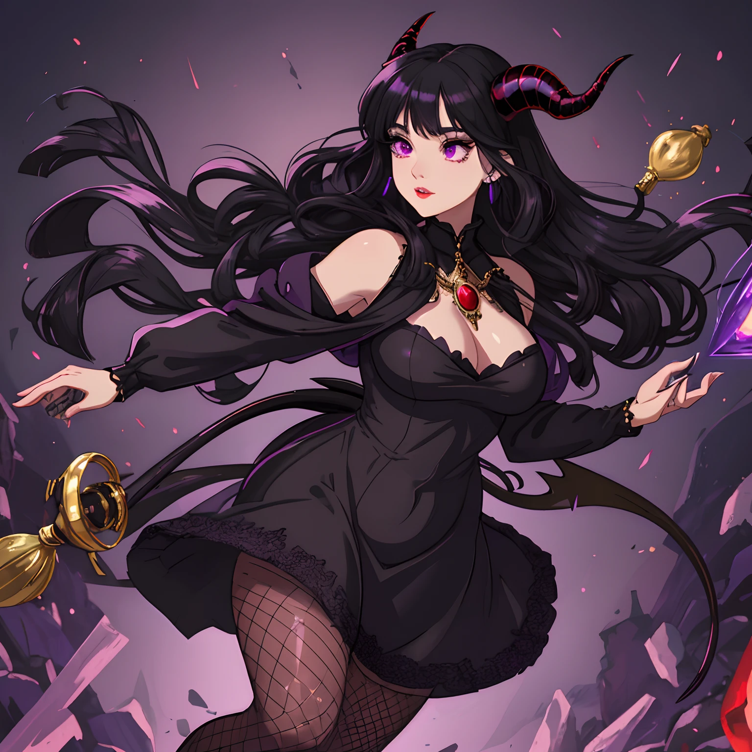 Black haired girl,demon tail,hazelnut skin,combat boots, black and purple finger tips,black dress, fishnets, black horns, curly hair,no bangs, purple eyes ,defined jawline, cat eyeliner,long lashes, plump lips with cherry gloss, realistic,tights,goat horns, dress train,spell caster, witch,horns point to face, demon tail, shoulder hanging dress, gem necklace, hourglass body, large bust,