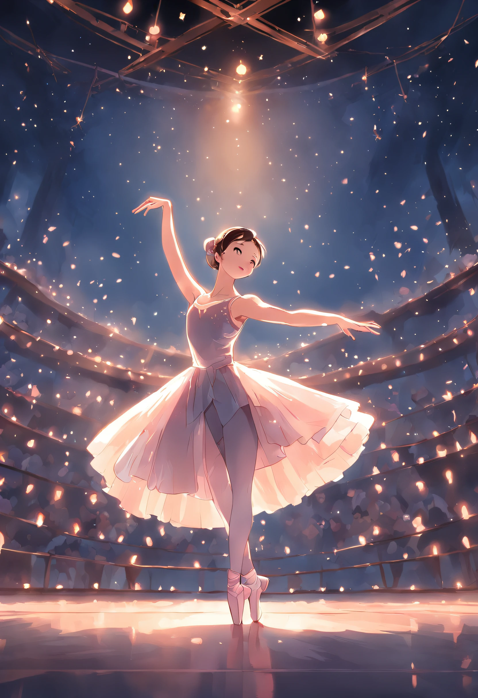 ballet。Ballerinas with elegant poses and movements dance gracefully on the stage。With soft lighting and excellent shadow expression、Express an emotional and romantic atmosphere。Be attracted by the subtle details and vividness of colors in dresses and tights。The stage background is fantastic.、Starry sky and moonlight sparkle、Enhance your dance performance。