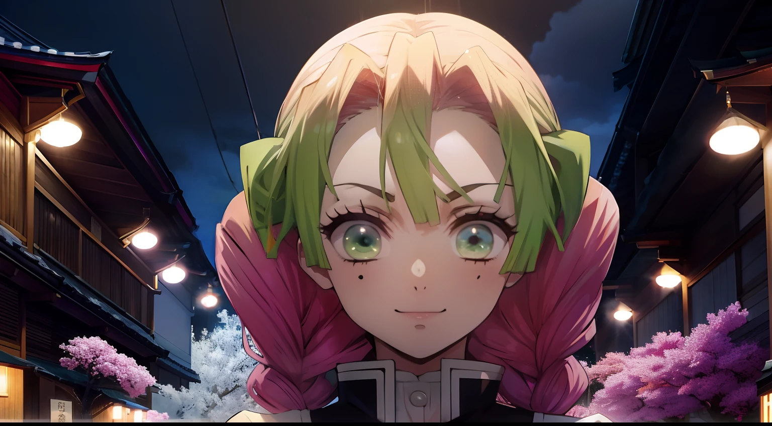 Sexy, Erotica, Hot springs, a 1girl, beautiful big breasts, rose hair, Bright green color at the ends of the hair, MitsuriKanroji,stands in full growth, (Body Full 1:1), Dazzling, smil, pectorals, In art: Demon Slayer, Demon Slayer Art Style, demon slayer rui fanart, badass anime 8 k, Demon Slayer, Anime Key Art, 4 k manga wallpapers, kimetsu no yaiba, anime wallaper, Ultra Transparent, Ultra Detailed, very extremely beautiful, anime epic artwork, Anime Art Wallpapers 8K, Local Art & epic composition, very extremely beautiful, beautiful breasts, old Japan, (tmasterpiece, beste-Qualit),