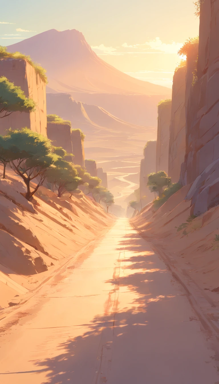 Create a Disney-style 3D illustration of a dusty road in the Judean desert where the incident occurred. Emphasize realism and attention to detail in the environment, incluindo a textura da estrada empoeirada, a paisagem do deserto, and the soft illumination of the sun. Make the scene look immersive and inviting on a mountain