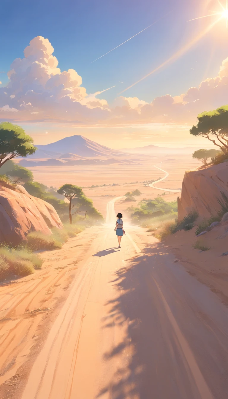 Create a Disney-style 3D illustration of a dusty road in the Judean desert where the incident occurred. Emphasize realism and attention to detail in the environment, incluindo a textura da estrada empoeirada, a paisagem do deserto, and the soft illumination of the sun. Make the scene look immersive and inviting on a mountain