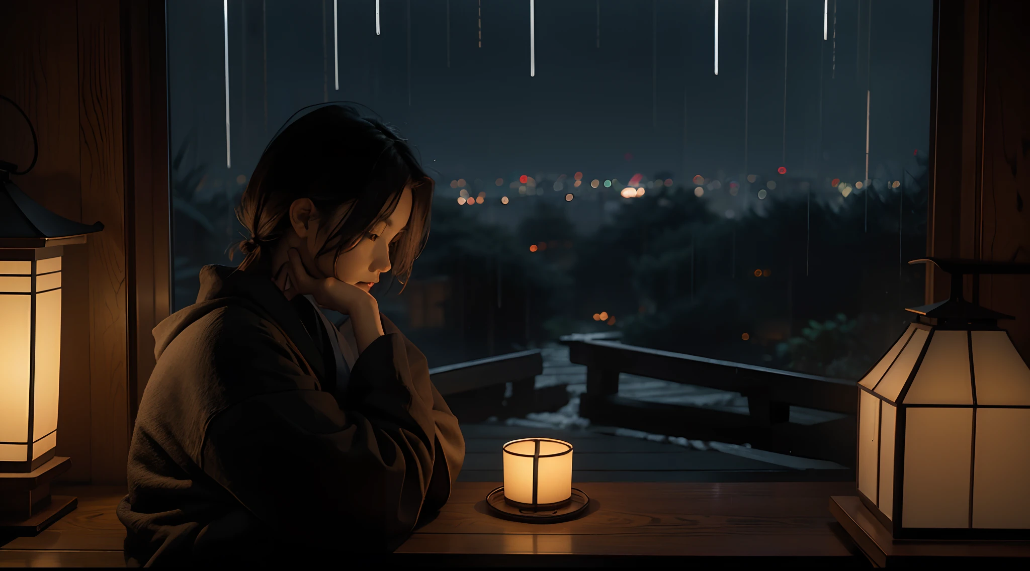 Inside a Tokyo house, open fire, It is a rainy night, very dark, There is a 35 year old woman sitting on a very comfortable chair, wrapped in a blanket, non-sexualised, in pensive mood, insomnia, looking away from camera, looking out of open window at the rainy neon city, cat also looks out of the window at the rain, dark walls, low light level, traditional Japanese lantern, cozy and peaceful atmosphere, designed for cozy aesthetics.