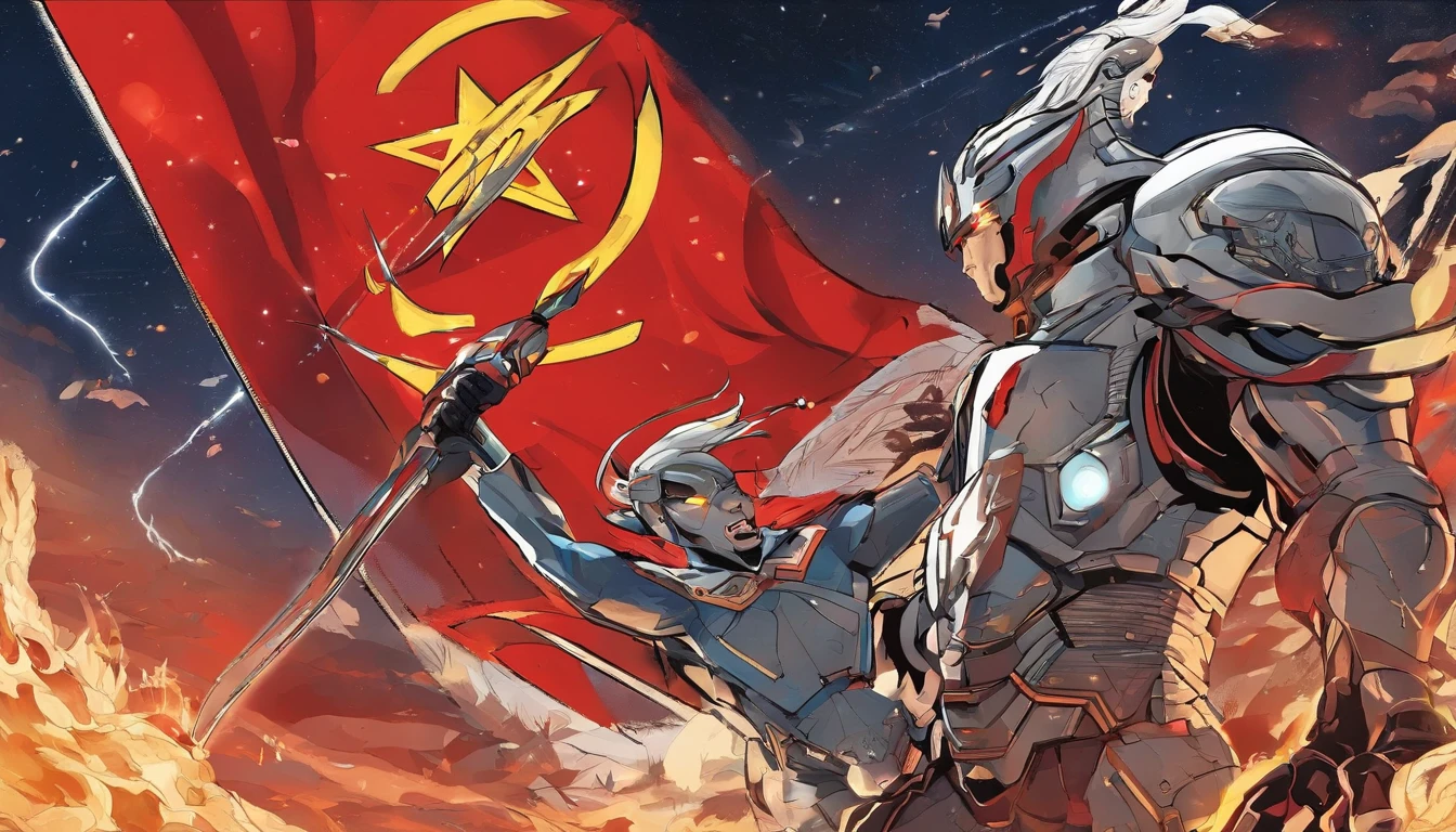 Two muscular men fighting,A man holds a sword,Another man held a shield,The pattern in the center of the shield is a chip,Sky background with flames,with lightning,Among them, the man holding the sword wears armor with the American Star-Spangled Banner pattern,The man holding the shield wears the armor of the Chinese five-star red flag,The two are evenly matched,Lightning and thunder in the sky,The earth dried up under the feet of the two men,Both men had strong hatred in their eyes