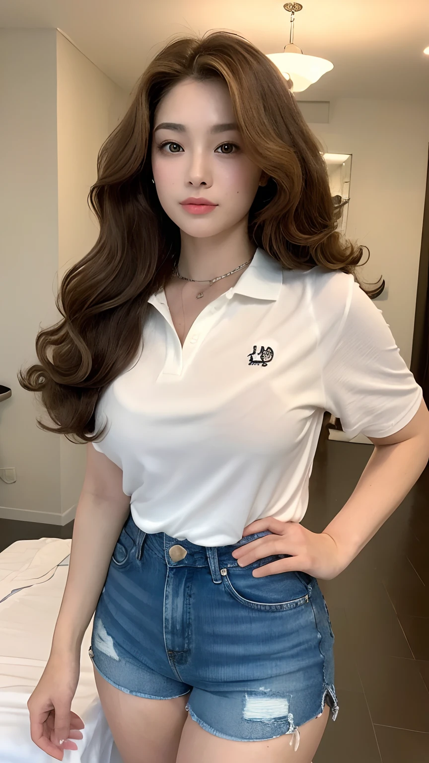 ((best qualtiy, 8K, tmasterpiece:1.3)), Focus:1.2, perfect figure beautiful woman:1.4, Cocked buttocks:1.2, ((Random Long Hairstyle In Big Curls) ((Brown BIg Wavy Hair))（Long white legs：1.3，(Polo shirt:1.2) , (inside in room: 1.2), Highly detailed facial and skin texture, A detailed eye, 二重まぶた，Whiten skin，（Straight big breasts：1.3), looking at camera, Wear a necklace，