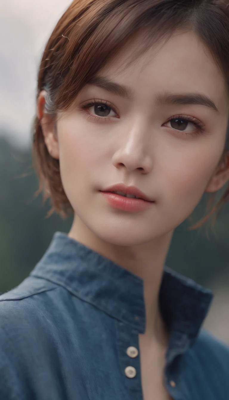(8K, RAW Photos, The highest image quality, Masterpieces, : 1.2), (Realistic, Photorealistic: 1.37), Small Frame, Open body, Stylish clothes, bruised, hair messy, Cinematic lighting, A hyper-realistic,Japan Women、short-hair、Blue mesh