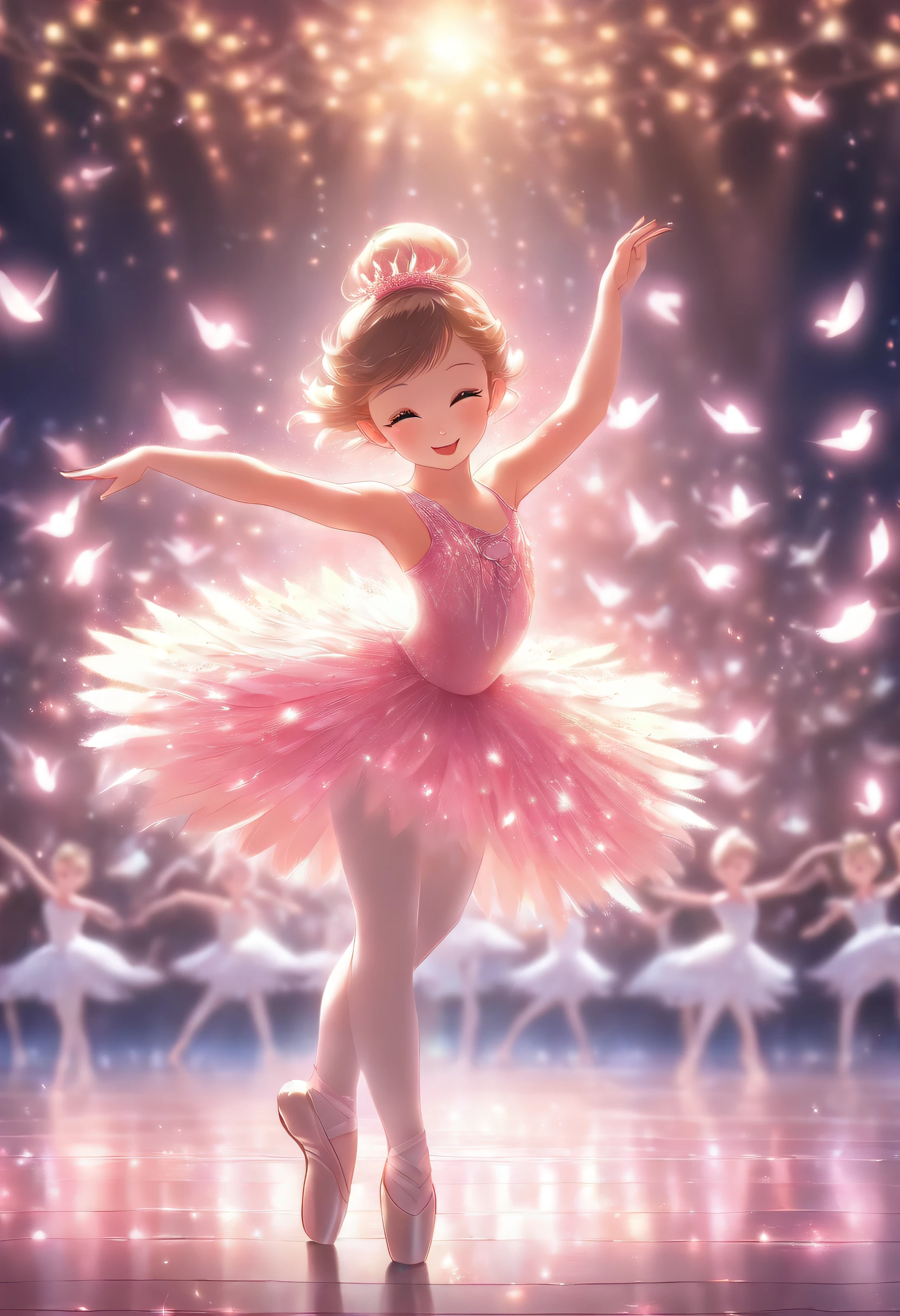 Little girl, Wear a pink dance costume, Dancing Swan Lake on stage, Background Black,stage lighting.