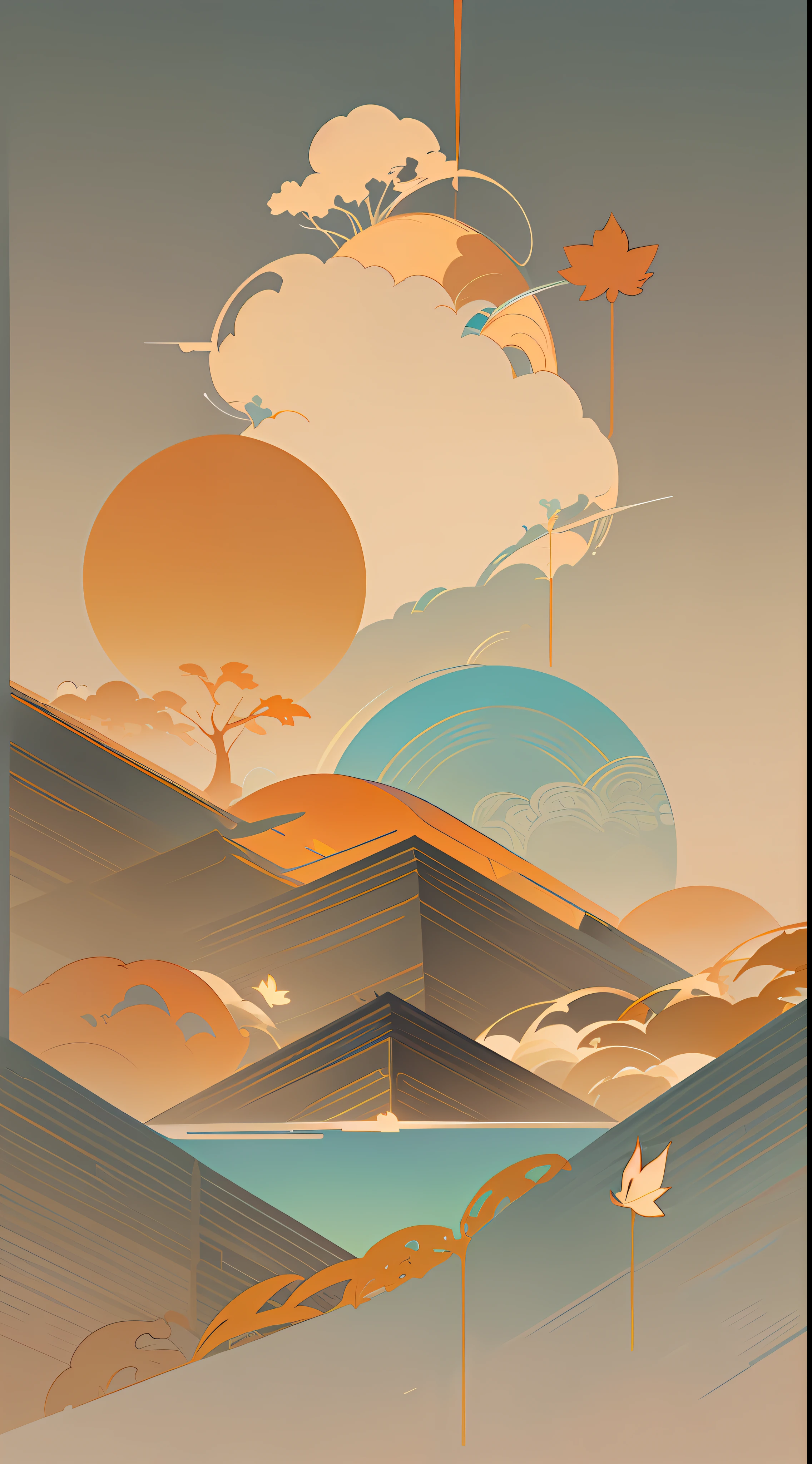 (Chinese landscape), (Zen, Amy Sol style), (Autumn, autumn leaves, fallen leaves, sunset, architecture), cover art with light abstraction, abstract, simple vector art, contemporary Chinese art, color gradients, soft color palettes, layered forms, whimsical animation, style Ethereal abstract, 4K, --v6