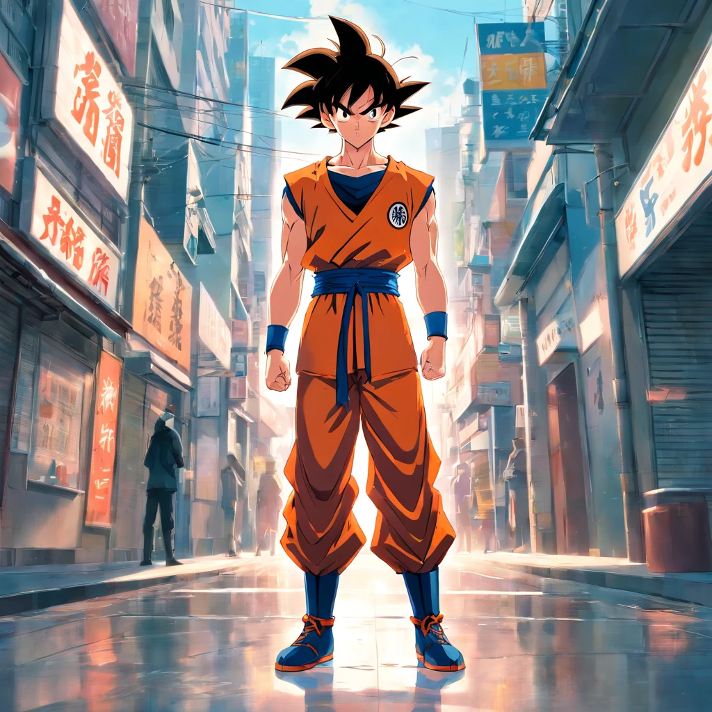 Goku standing pose,Tiptoe,Suspended on the ground,Full body like , Produced by Akira Toriyama