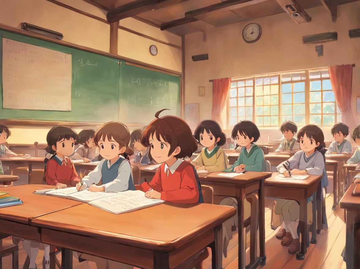 Children listen intently in the classroom，Write carefully，The teachers were smiling，The educational atmosphere is strong。