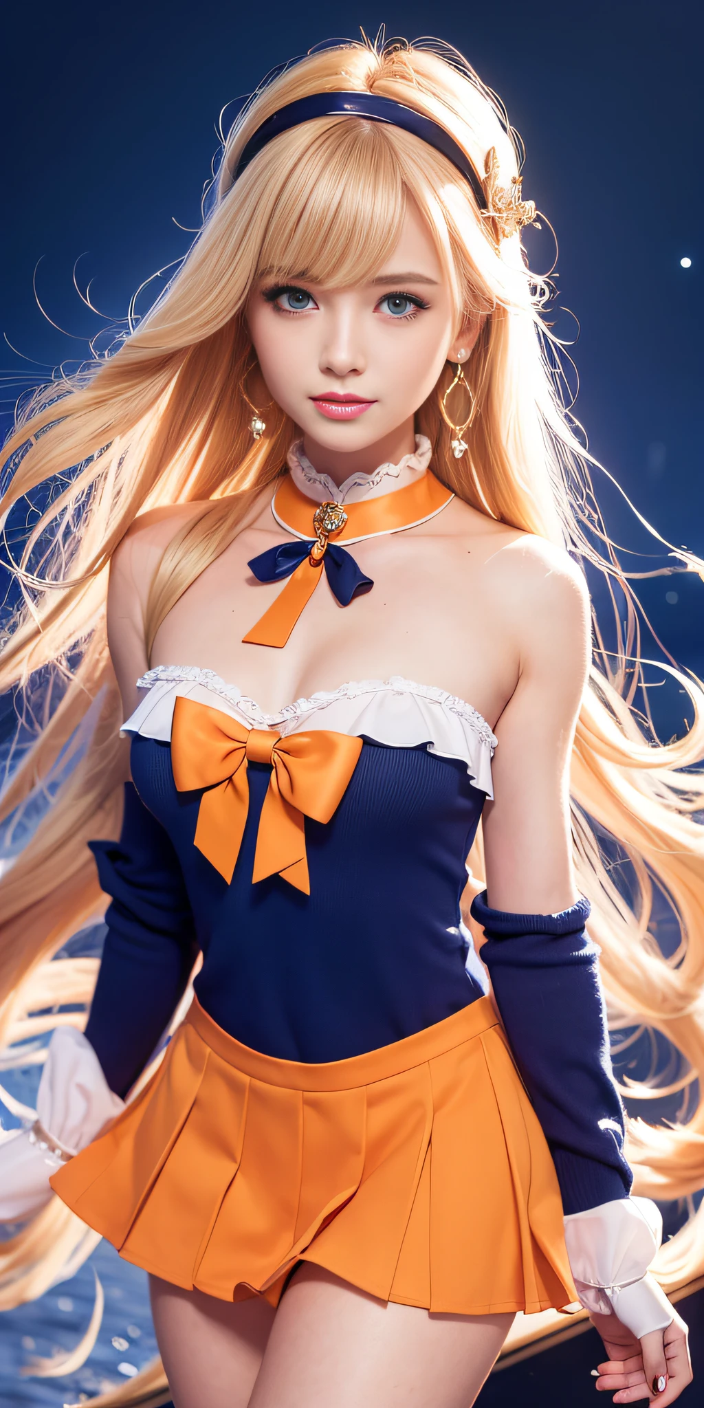 masterpiece, best quality, high resolution, venus1, 1 girl, solo, sailor senshi uniform, sailor venus, aino minako, blonde hair, magical girl, blue eyes, orange skirt, elbow-length gloves, tiara, 60% pleated miniskirt , hair bow, orange sailor necklace, miniskirt, choker, red bow, orange choker, white gloves, very long hair, jewelry, earrings, cowboy shot, ((intricate details)), smile
