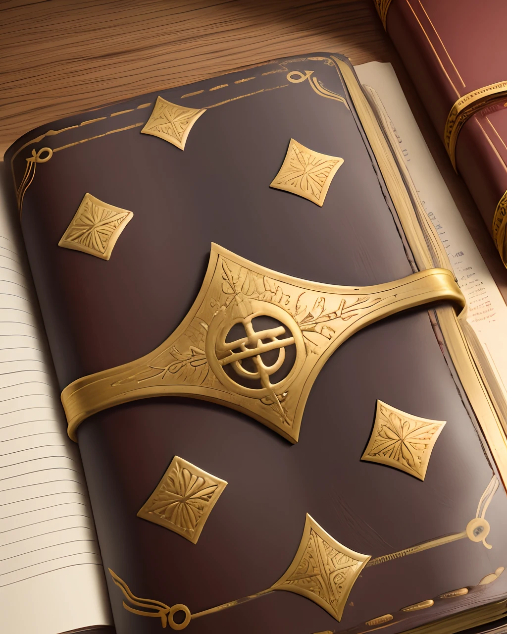 old leather book with symbol on the front cover with  tabs sticking out from the sides and gold corner protectors and trimming