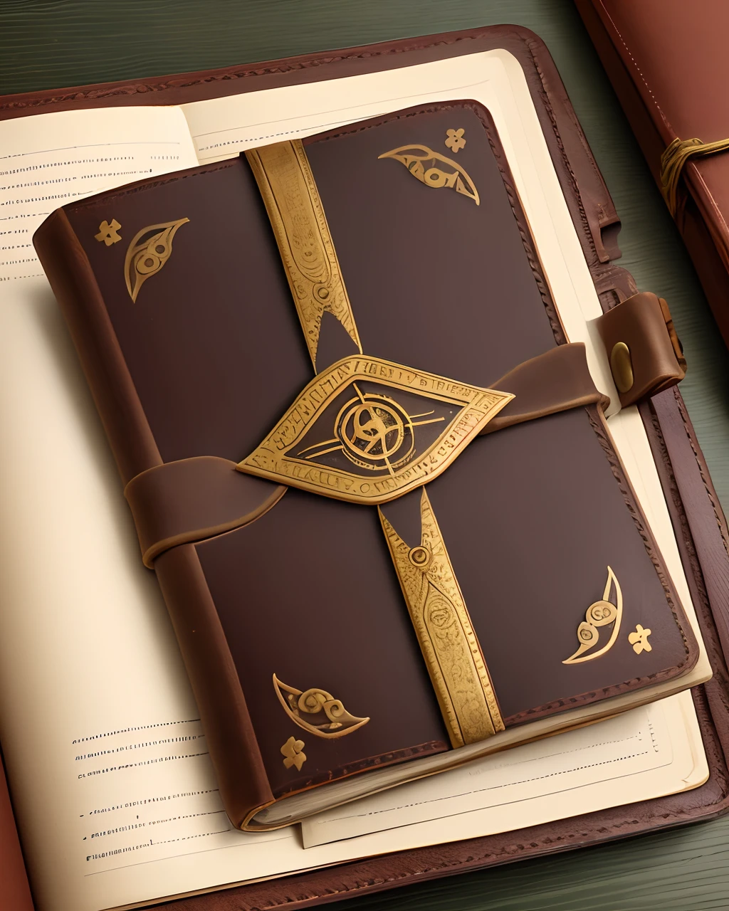 old leather book with symbol on the front cover with tabs sticking out from the sides and gold corner protectors and trimming