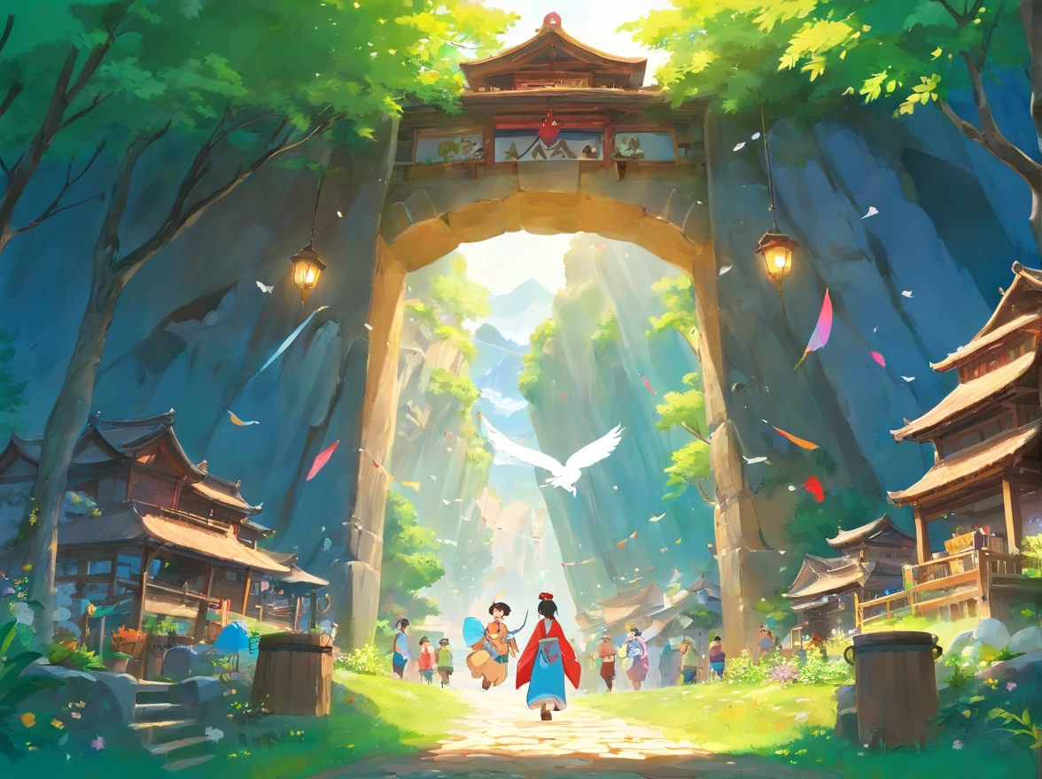 The scene of the festival paints a joyful and lively atmosphere。The whole village is dressed up with blue skies and white clouds,Colorful bunting flutters in the air,The villagers are dressed in Zhuang costumes,With a smile of joy and anticipation,Come together。In the middle of the village stands a mysterious cave,The light at the entrance of the cave is warm,Exudes a beautiful glow。