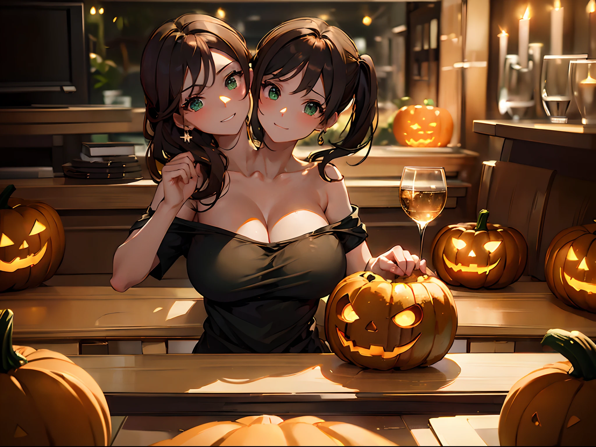 (masterpiece, best quality), best resolution, (2heads:1.5), 1girl, brown hair, green eyes, happy, black t-shirt, sitting at a table, carving a pumpkin on a table, jack o lantern, living room