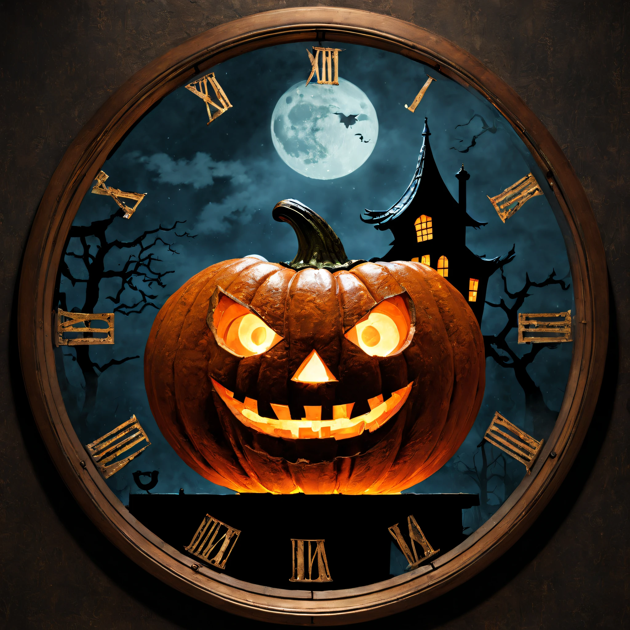 scary Jack O'lantern in the antique house, Swaying jack-o'-lantern, moon light, canny, dynamic, stain glass、ruins、retro anime, anime, japanese anime, in the dark, dark and dark, fog, smog, steam, dark room, Watches、wall clock、