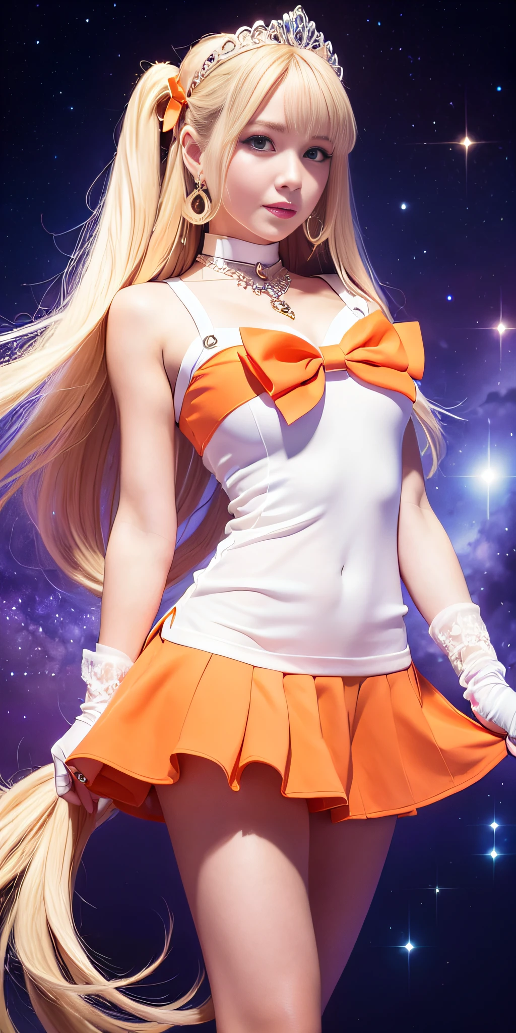 masterpiece, best quality, high resolution, venus1, 1 girl, solo, sailor senshi uniform, sailor venus, aino minako, blonde hair, magical girl, blue eyes, orange skirt, elbow-length gloves, tiara, 60% pleated miniskirt , hair bow, orange sailor necklace, miniskirt, choker, red bow, orange choker, white gloves, very long hair, jewelry, earrings, cowboy shot, ((intricate details)), smile