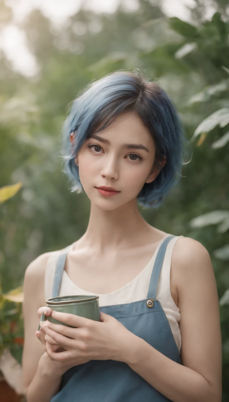 RAW Photos, The highest image quality, Masterpieces,Realistic, Photorealistic、Small Frame, Open body, Stylish clothes, bruised, hair messy, Cinematic lighting, A hyper-realistic,Japan Women、short-hair、Blue-haired、Watering the plant、watering can