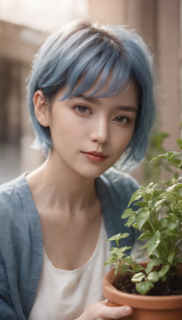 RAW Photos, The highest image quality, Masterpieces,Realistic, Photorealistic、Small Frame, Open body, Stylish clothes, bruised, hair messy, Cinematic lighting, A hyper-realistic,Japan Women、short-hair、Blue-haired、Watering the plant、watering can