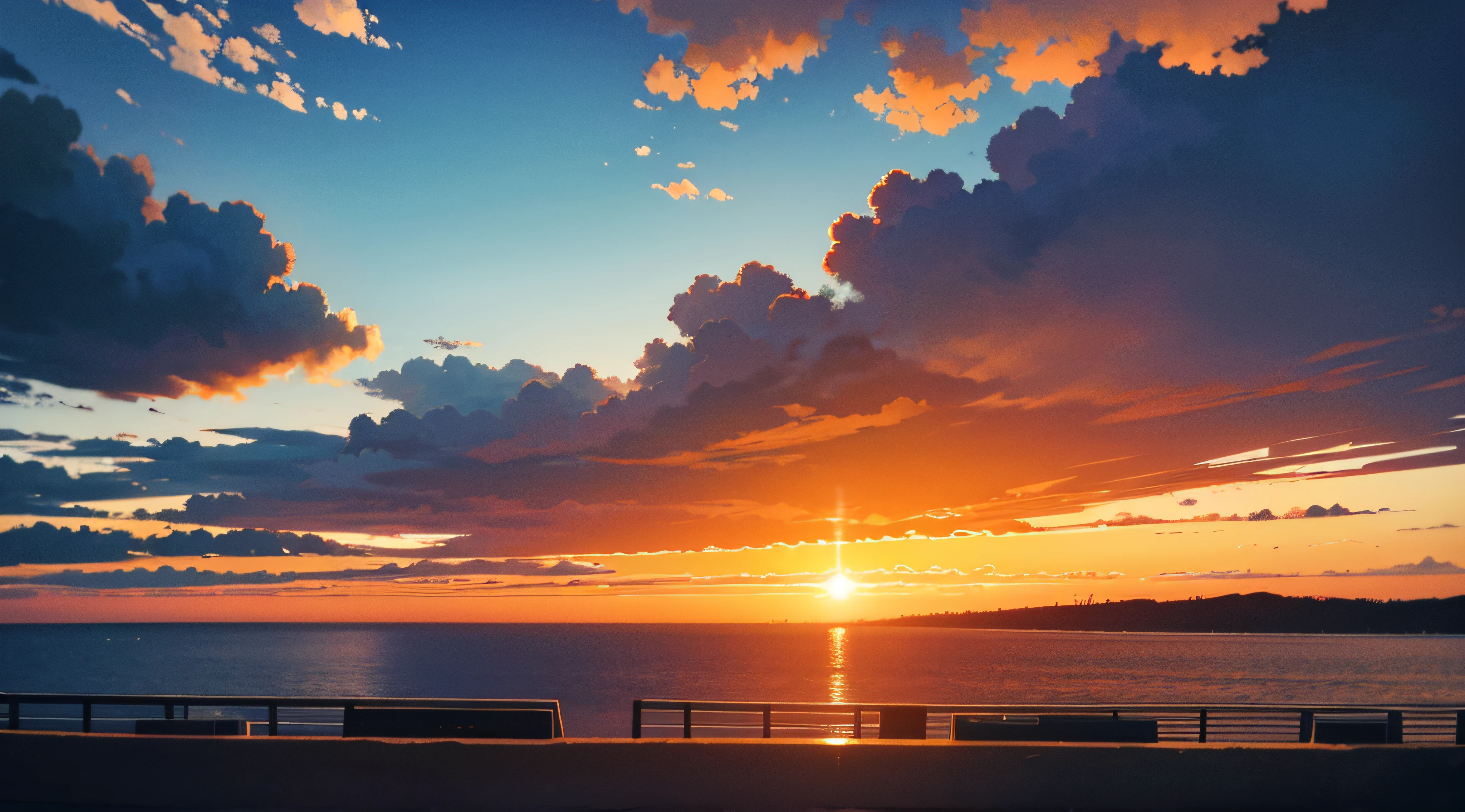 high quality, eveing sky, overcast, (clouds), sunset, orange sky, scenery,