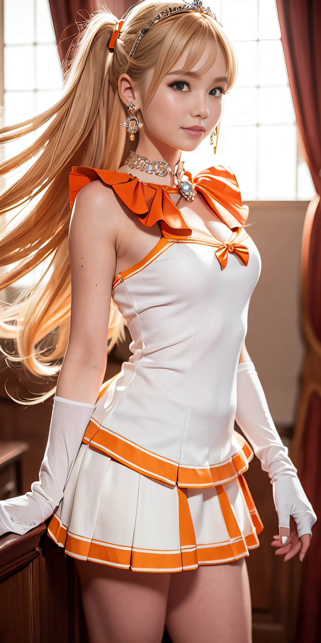masterpiece, best quality, high resolution, venus1, 1 girl, solo, sailor senshi uniform, sailor venus, aino minako, blonde hair, magical girl, blue eyes, orange skirt, elbow-length gloves, tiara, 60% pleated miniskirt , hair bow, orange sailor necklace, miniskirt, choker, red bow, orange choker, white gloves, very long hair, jewelry, earrings, cowboy shot, ((intricate details)), smile