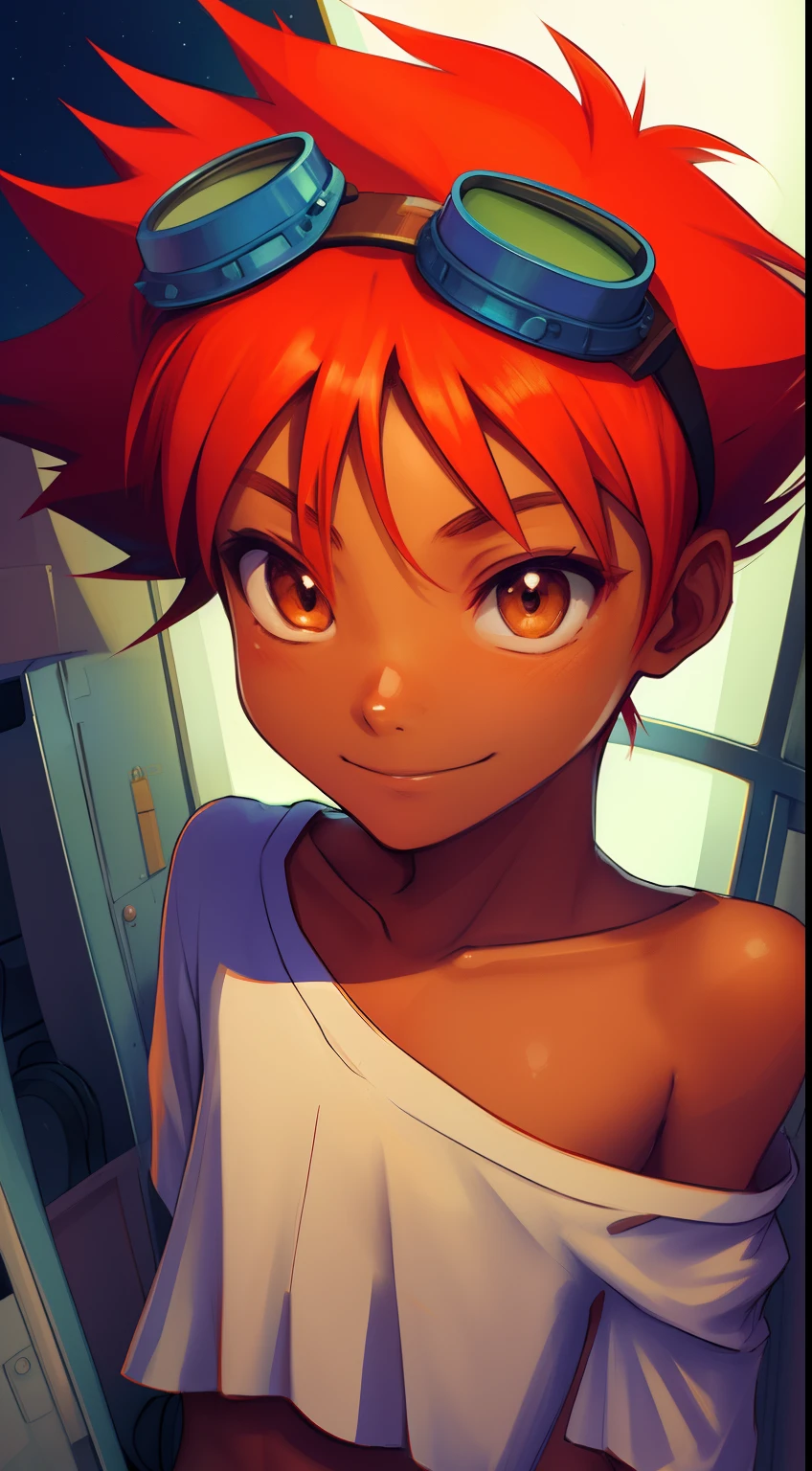 Edward,  tan skin, tomboy, midriff, orange hair, (white loose shirt), off shoulder, spiked hair, barefoot, bike shorts, brown eyes, goggles on head, upper body, 
space station, engine room, 
 (insanely detailed, beautiful detailed face, masterpiece, best quality)  volumetric lighting, best quality, masterpiece, intricate details, tonemapping, sharp focus, hyper detailed, smile