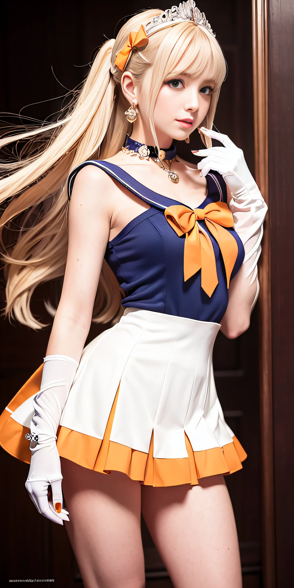 masterpiece, best quality, high resolution, venus1, 1 girl, solo, sailor senshi uniform, sailor venus, aino minako, blonde hair, magical girl, blue eyes, orange skirt, elbow-length gloves, tiara, 60% pleated miniskirt , hair bow, orange sailor necklace, miniskirt, choker, red bow, orange choker, white gloves, very long hair, jewelry, earrings, cowboy shot, ((intricate details)), smile