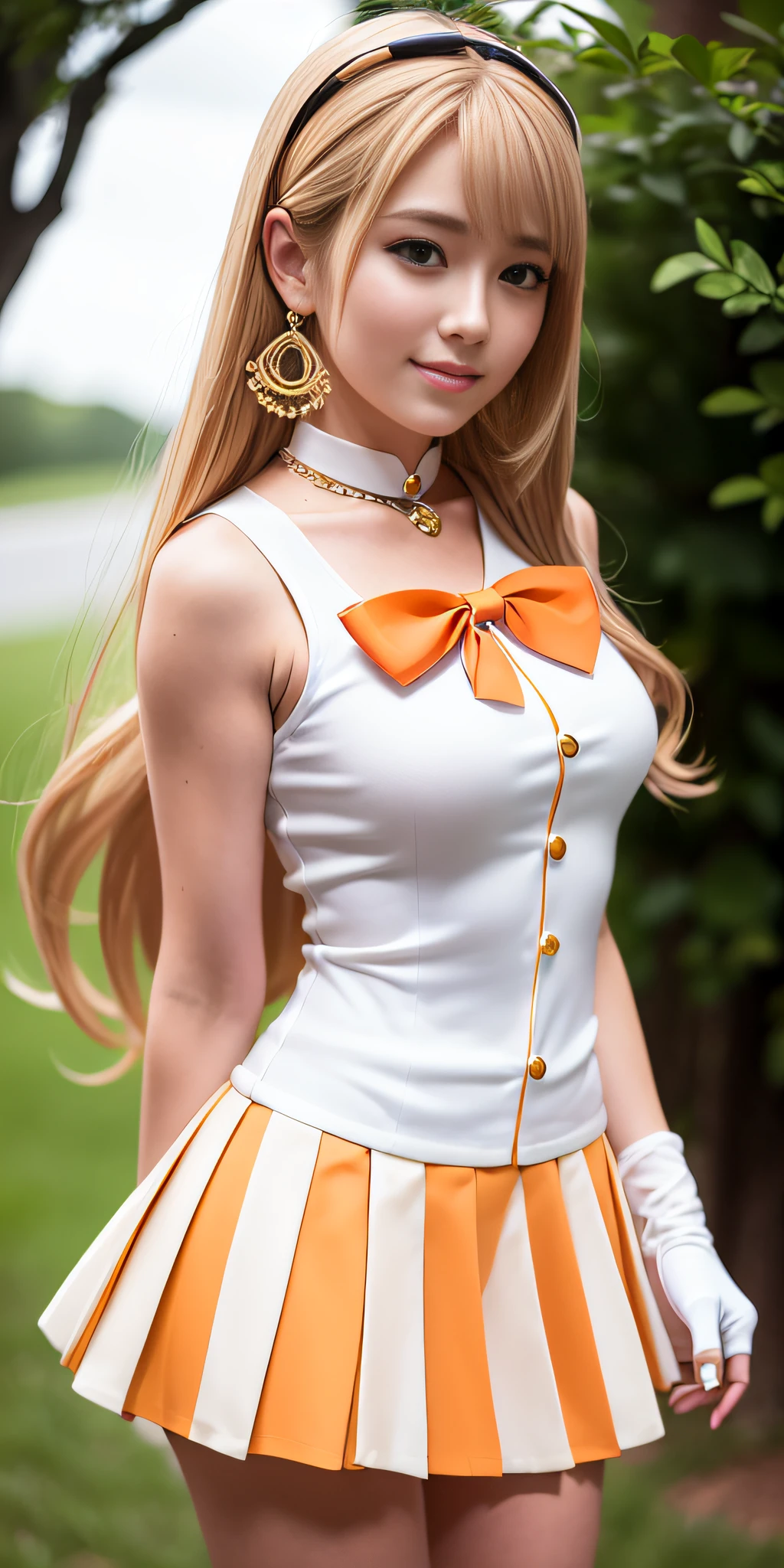 masterpiece, best quality, high resolution, venus1, 1 girl, solo, sailor senshi uniform, sailor venus, aino minako, blonde hair, magical girl, blue eyes, orange skirt, elbow-length gloves, tiara, 60% pleated miniskirt , hair bow, orange sailor necklace, miniskirt, choker, red bow, orange choker, white gloves, very long hair, jewelry, earrings, cowboy shot, ((intricate details)), smile