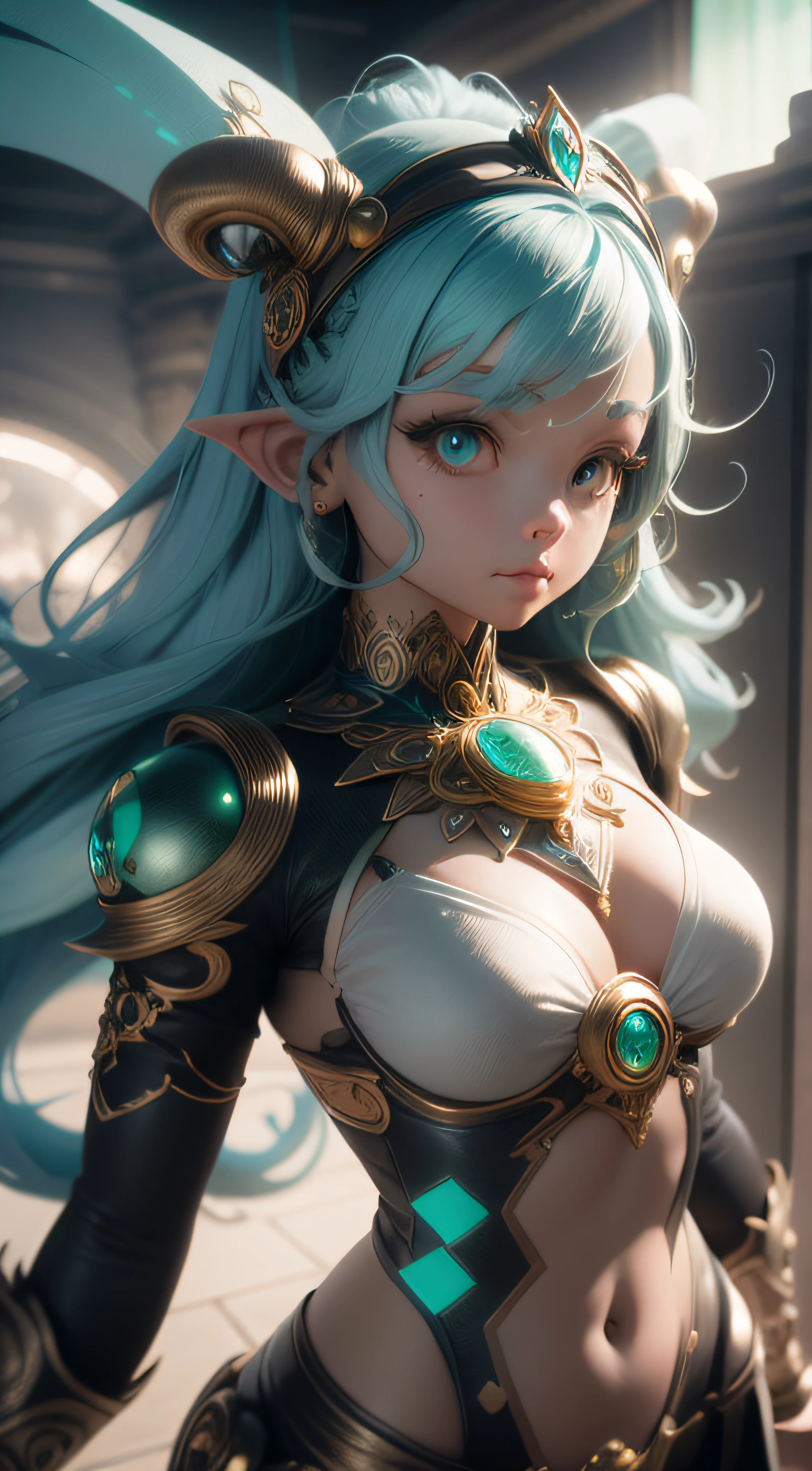 Amazing photo of an alien goddess, Coiffe ivoire, Blue-Green Gemstones, un rendu 3D, rendu par octane, intricately-detailed, Decorative filigree tiara, cinematic
