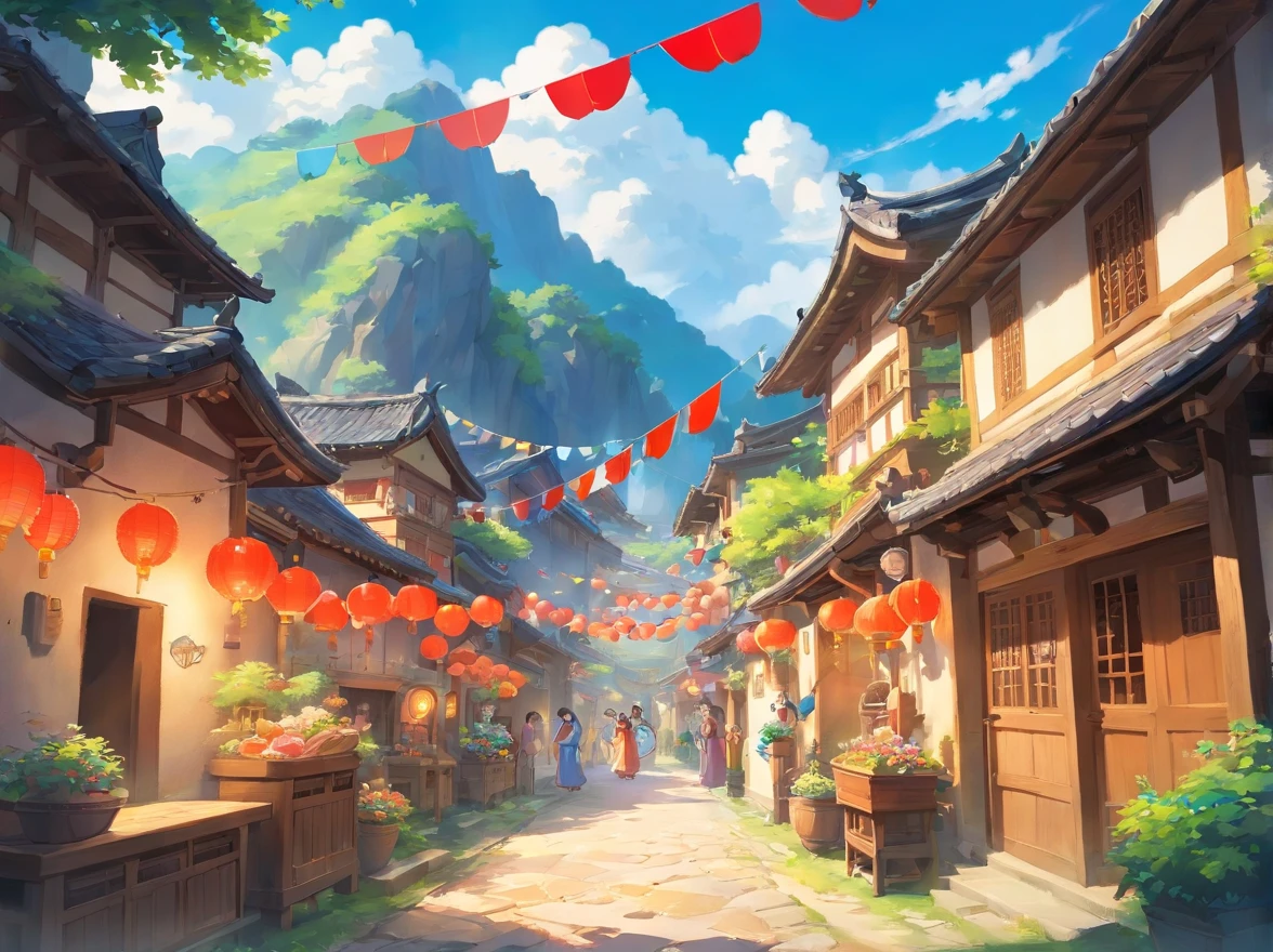 The scene of the festival paints a joyful and lively atmosphere。The whole village is dressed up with blue skies and white clouds，Colorful bunting flutters in the air，The villagers are dressed in Zhuang costumes，With a smile of joy and anticipation，Come together。In the middle of the village stands a mysterious cave，The light at the entrance of the cave is warm，Exudes a beautiful glow。