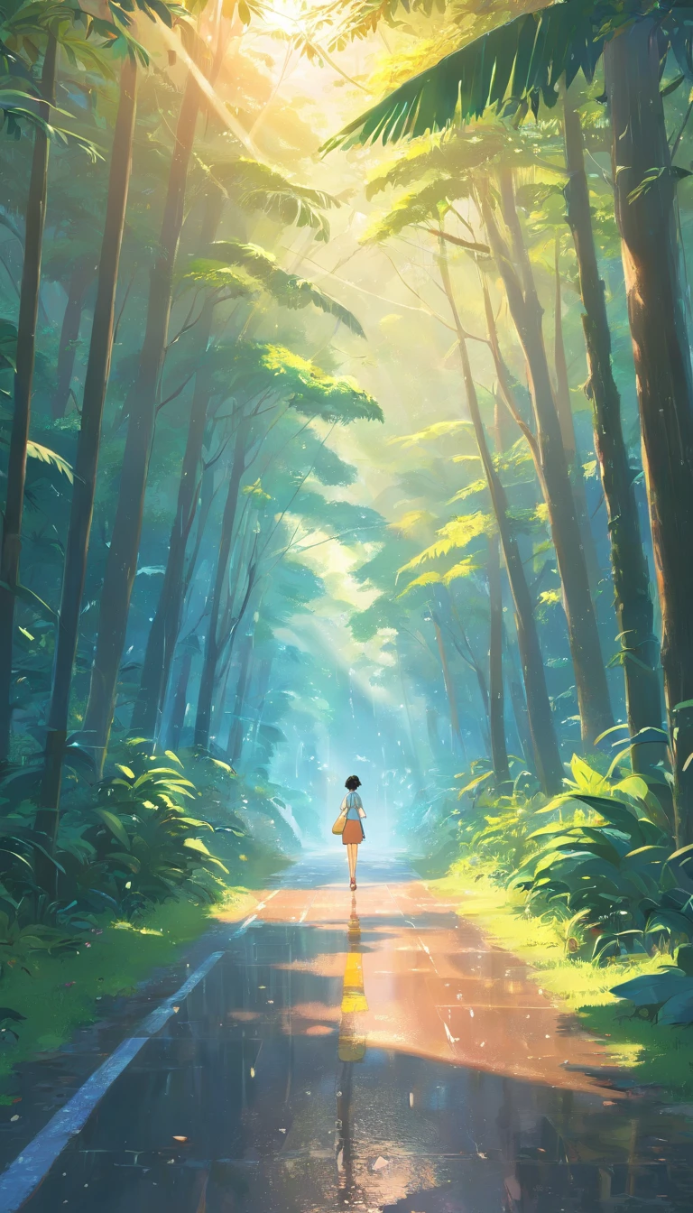 Create a Disney-style 3D illustration of a road in the rain in the Amazon rainforest where the event occurred. Emphasis on realism and attention to detail in the environment, Including the texture of falling leaves, Rainforest landscape, and the soft illumination of the sun,A shallow rainbow. Make the scene look immersive,spellbinding