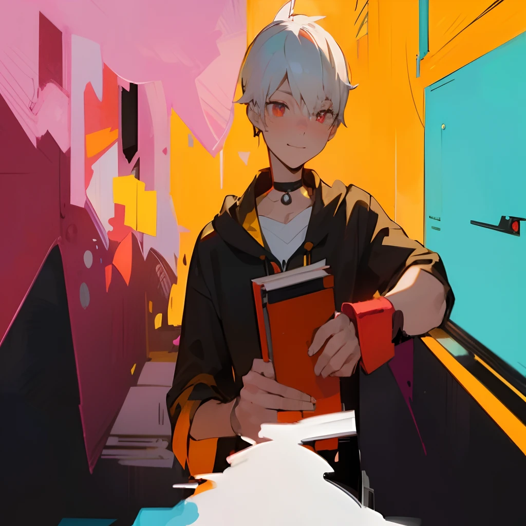 ultra-quality, ( ultra detailed original illustration), ((Chibi Mode)),( Happy look of a boy, Red Eye, Short hair, White hair, Sunny Smile, Upper body, Perfect body), ((street wear,Parker Fashion)), ((cherry blossom)(Graffiti)), double exposure, fussion of fluid abstract art, glitched, ( 2D), ( original illustration composition), ( fusion of limited color, maximalism artstyle, geometric artstyle, fire, junk art), Yellow theme, Background black, ultra-quality, ( ultra detailed original illustration), ((Chibi Mode)),( Happy look of a boy, Red Eye, Short hair, White hair, Sunny Smile, Upper body, Perfect body), ((street wear,Parker Fashion)), ((cherry blossom)(Graffiti)), double exposure, fussion of fluid abstract art, glitched, ( 2D), ( original illustration composition), ( fusion of limited color, maximalism artstyle, geometric artstyle, fire, junk art), background yellow, 1 boy,star-shaped pupils,Fingernails,White hair,Purple eyes,(blush:1.1),Choker,Upper body,trembling,sideways Facing,kirakira,(SPEEDLINE:1.1), Black hoodie,Handsome man in profile,Lineart color,Man with a book,frontage,book in hand