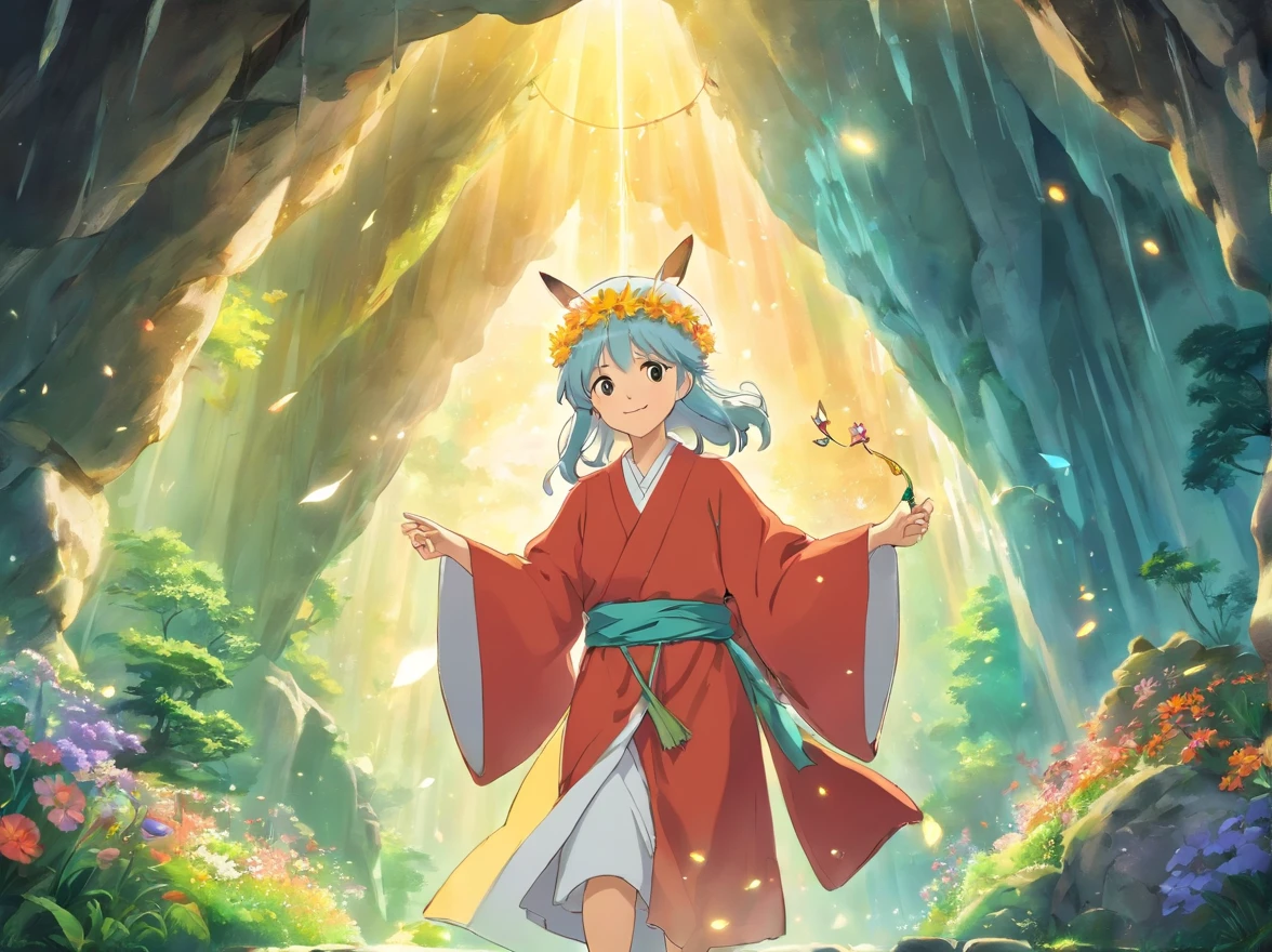Deep in the cave,There was one dressed in a beautiful robe,Wearing a flower crown on his head,With a smile on his face。Standing fairy with magic wand in hand,Beside her is a jewel shining with light,The whole scene seems dreamy and magical。