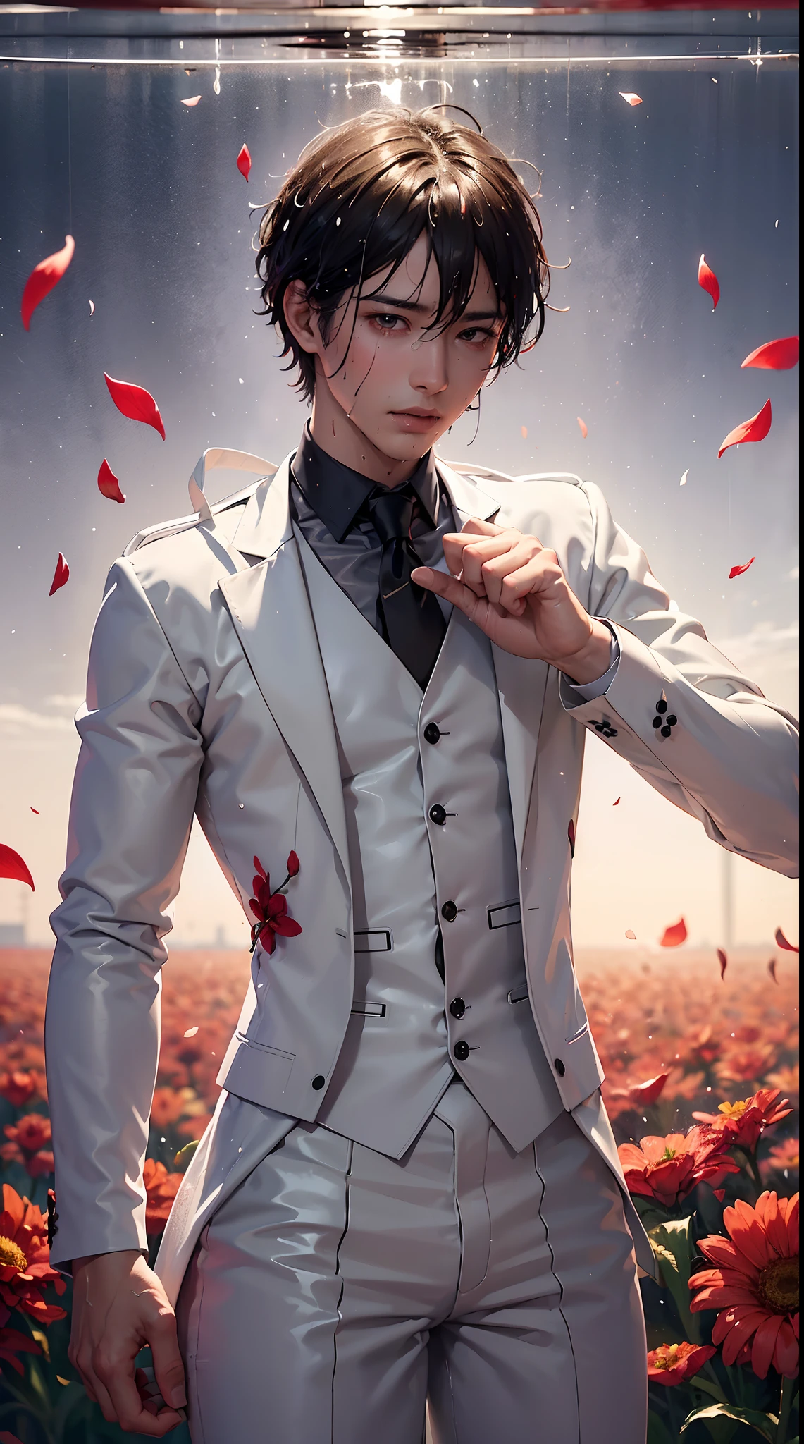 The man is wearing a white suit and tie(((the wet suit is invisible))) . Biting red flowers, tie tie pose. floral savanna background. flower petals flying in the atmosphere.biting the flower stem pose. dark atmosphere, hd backround, light and dark balance, sunset aura. clothes wet from rain(((boys abbs)))