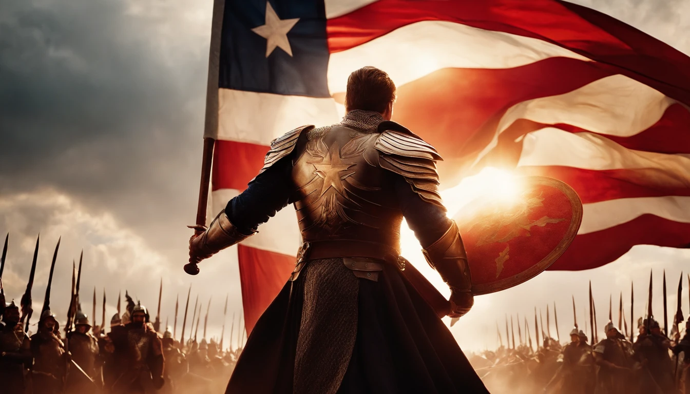 Two muscular men fight，A man holds a sword，Another man holds a shield，The pattern in the center of the shield is a chip，Sky background is flames，Large clouds，and several flashes of lightning，among others, The man with the sword wears armor with an American Star-Spangled Banner motif，The man holding the shield wears Chinese five-star red flag armor，The two are evenly matched，There was a strong hatred in both men's eyes，Look at each other