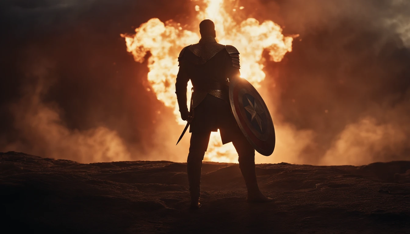 Two muscular men fight,A man holds a sword,Another man holds a shield,The pattern in the center of the shield is a chip,Sky background is flames,Large clouds,and several flashes of lightning,among others, The man with the sword wears armor with an American Star-Spangled Banner motif,The man holding the shield wears Chinese five-star red flag armor,The two are evenly matched,There was a strong hatred in both men's eyes,Look at each other