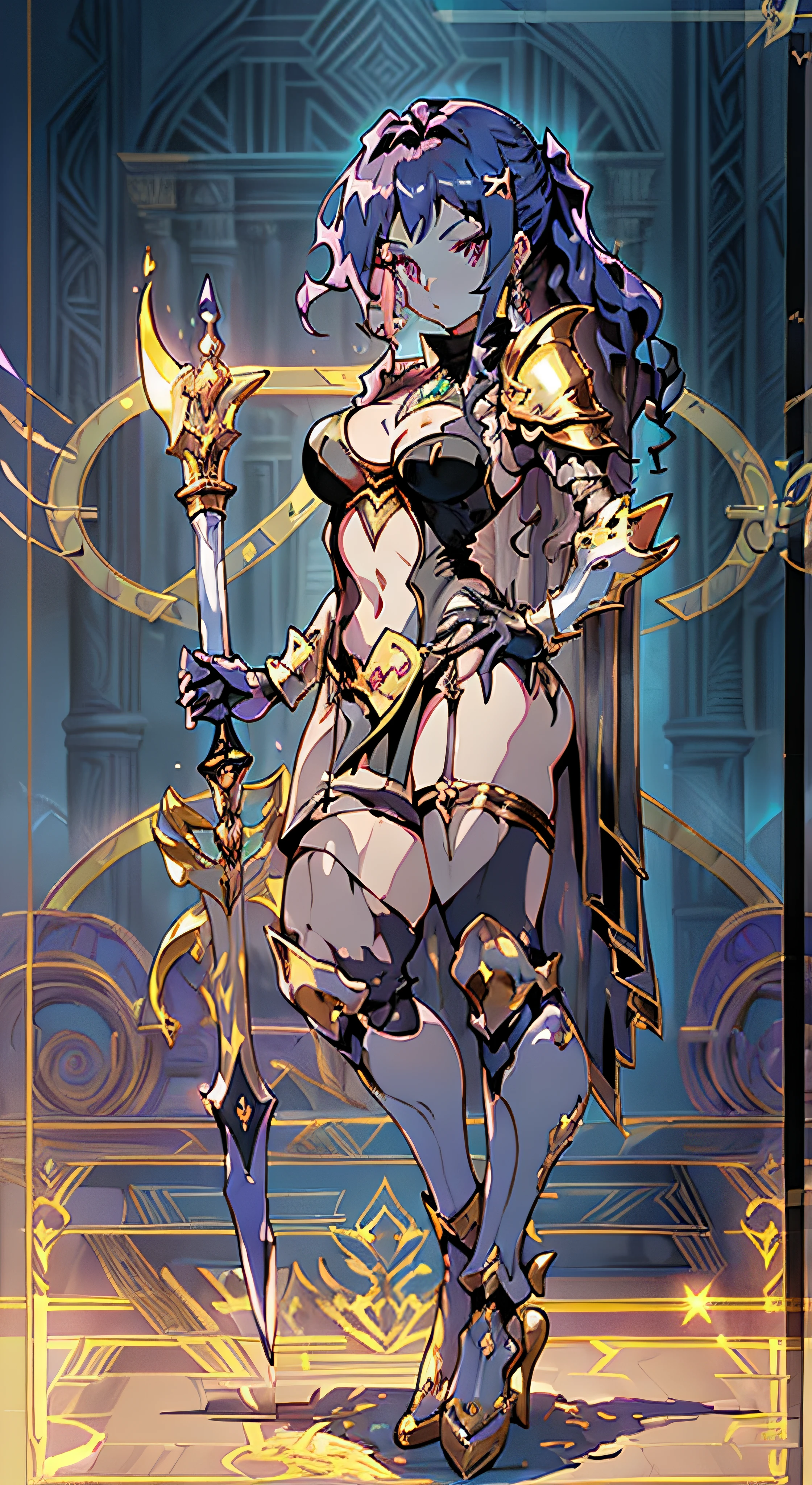 Concevoir une mise en page vitrine Personnage de jeu, ((1fille)), grand_. golden+Purple clothing, Elegant and unique, ((Demonstration Weapon:1.4)), Personnel magique, (Masterpiece:1.2), (Best quality), 4K, Ultra-detailed, (Step-by-step design, art de mise en page:1.5), (glowing lighting, atmospheric lighting), Style Final Fantasy, Magicien, ((Full Hand Glove)), Fran, voir, (((revealing clothes:1.3))), vambraces, Armored Legwear, (((Plein_corps_tir:1.4))), Niji, back_vue