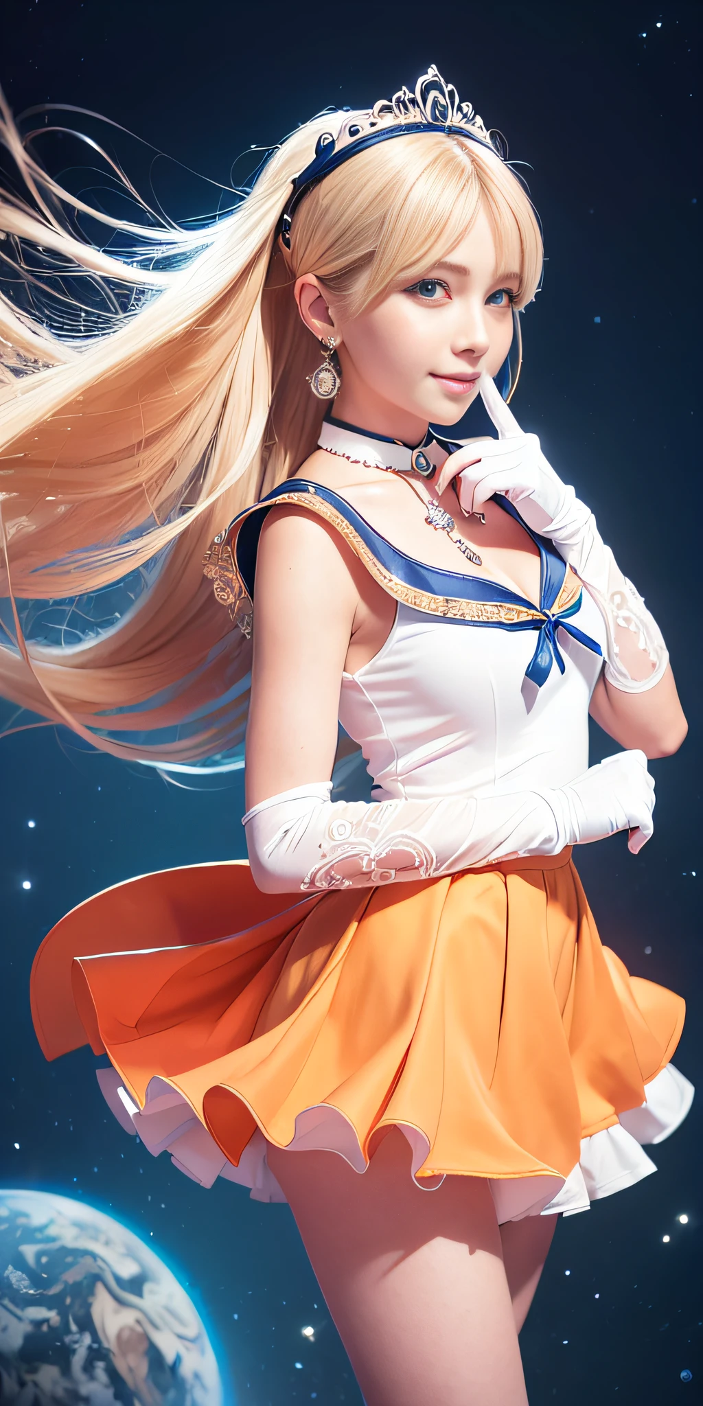 masterpiece, best quality, high resolution, venus1, 1 girl, solo, sailor senshi uniform, sailor venus, aino minako, blonde hair, magical girl, blue eyes, orange skirt, elbow length gloves, tiara, 60% pleated miniskirt , hair bow, orange sailor necklace, miniskirt, choker, red bow, orange choker, white gloves, very long hair, jewelry, earrings, denim shot, bottom view, ((intricate details)), smile