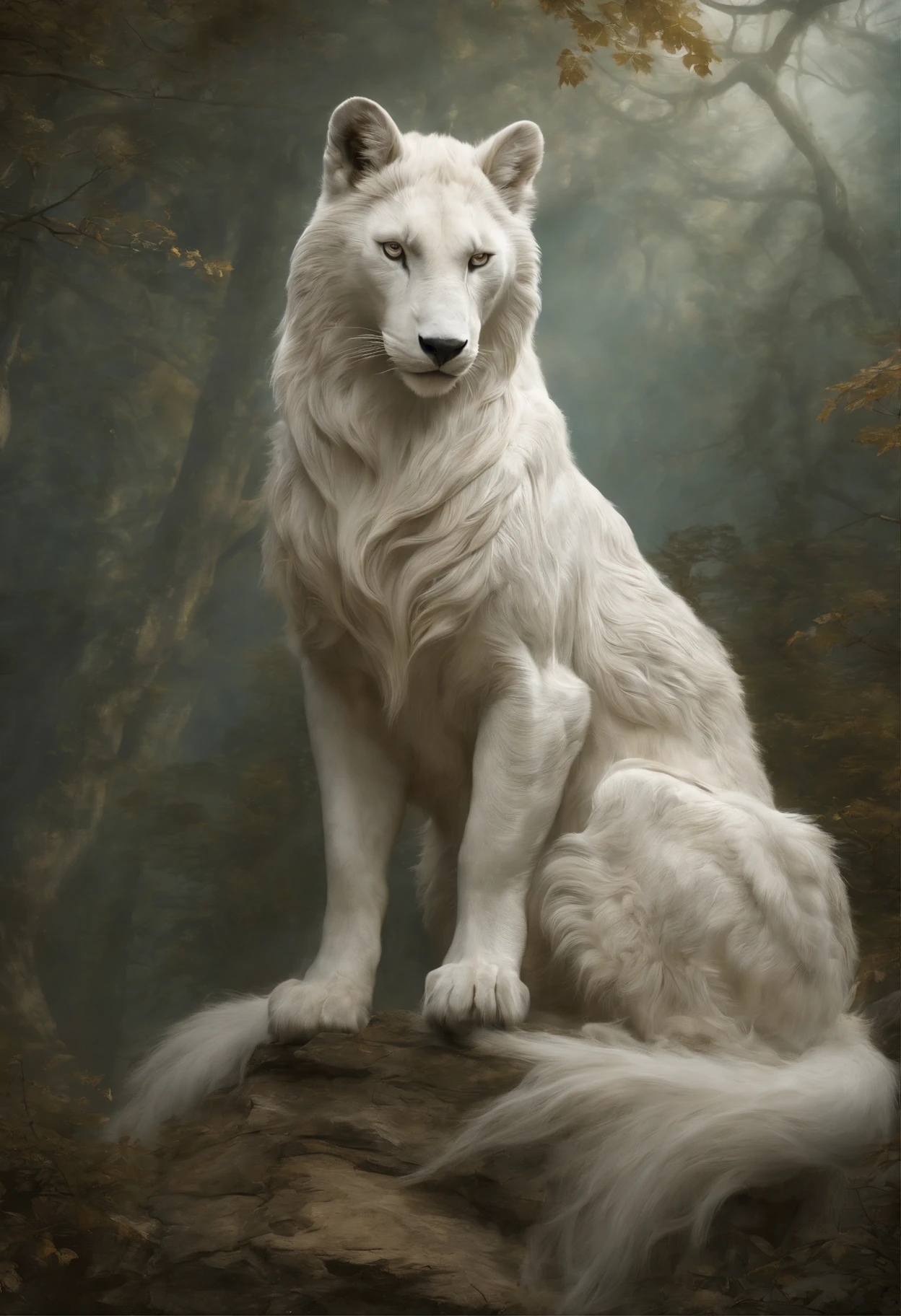 A strikingly mystical creature, reminiscent of a large, magical female monster, takes center stage in this vintagepunk artwork. The image, possibly a captivating painting or a carefully captured photograph, showcases an awe-inspiring big white creature with an ethereal aura. Its mottled shade of white encompasses a weathered yet mesmerizing appearance, emanating an air of enigmatic beauty. Every minute detail of this creature's otherworldly form, from its intricate scales to its flowing mane, is portrayed with exquisite quality, capturing the viewer's attention. This artistry exudes a sense of vintage charm while simultaneously evoking a futuristic essence, lending the image a unique and captivating appeal.