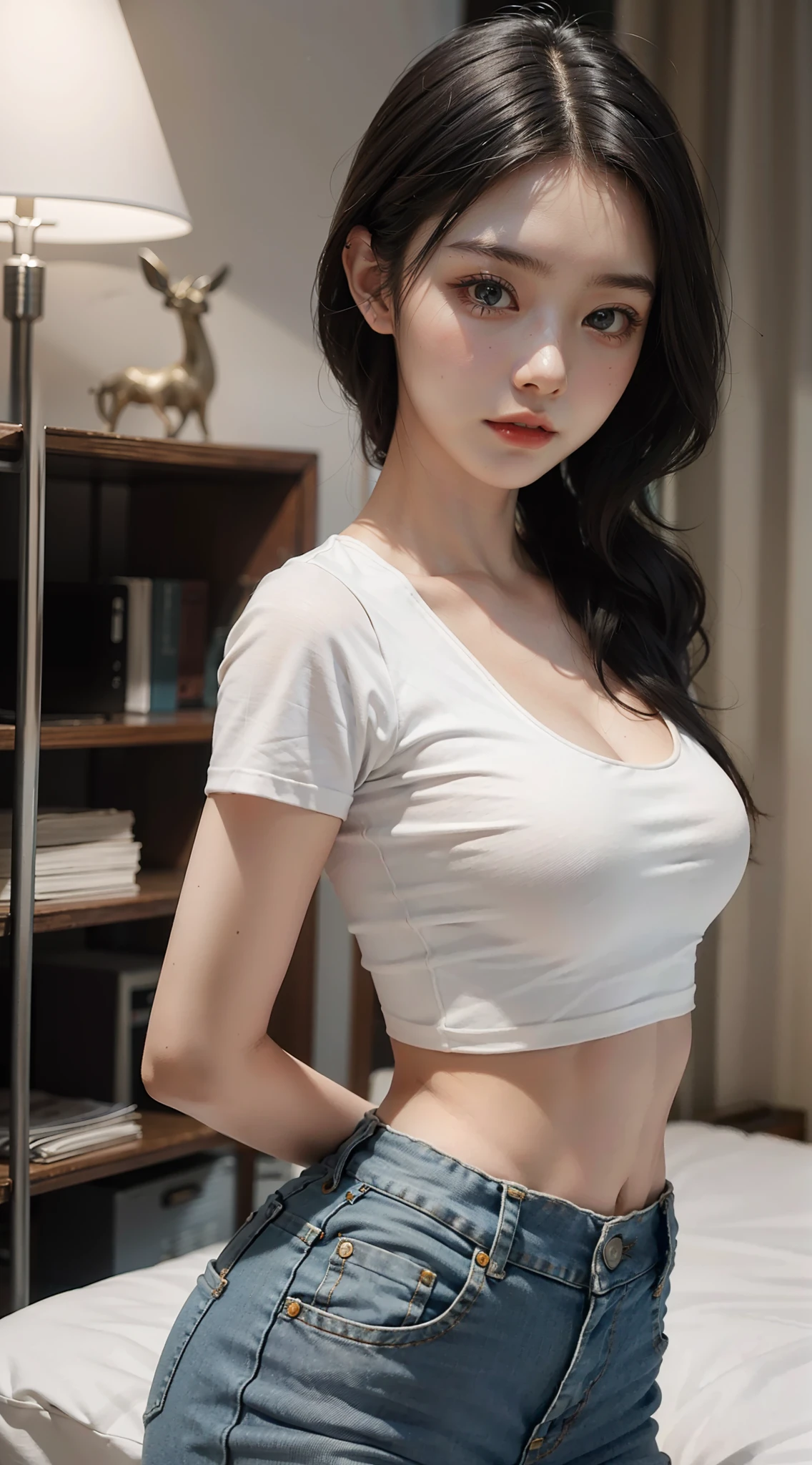 Girl posing for photo in white bra and tight denim, arms behind back, full body, with cropped t-shirt, bra, slim figure, smaller bust, slim girl model, 24 year old female model,