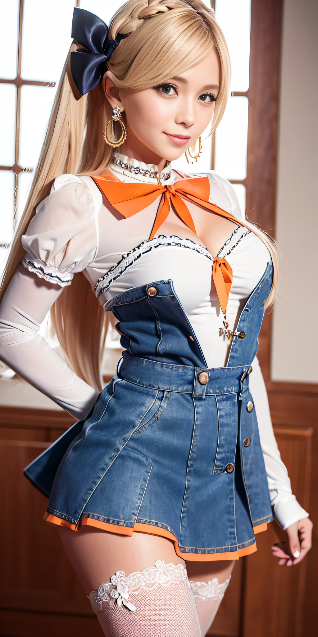 masterpiece, best quality, high resolution, venus1, 1 girl, solo, sailor senshi uniform, sailor venus, aino minako, blonde hair, magical girl, blue eyes, orange skirt, elbow length gloves, tiara, 60% pleated miniskirt , hair bow, orange sailor necklace, miniskirt, choker, red bow, orange choker, white gloves, very long hair, jewelry, earrings, denim shot, bottom view, ((intricate details)), smile