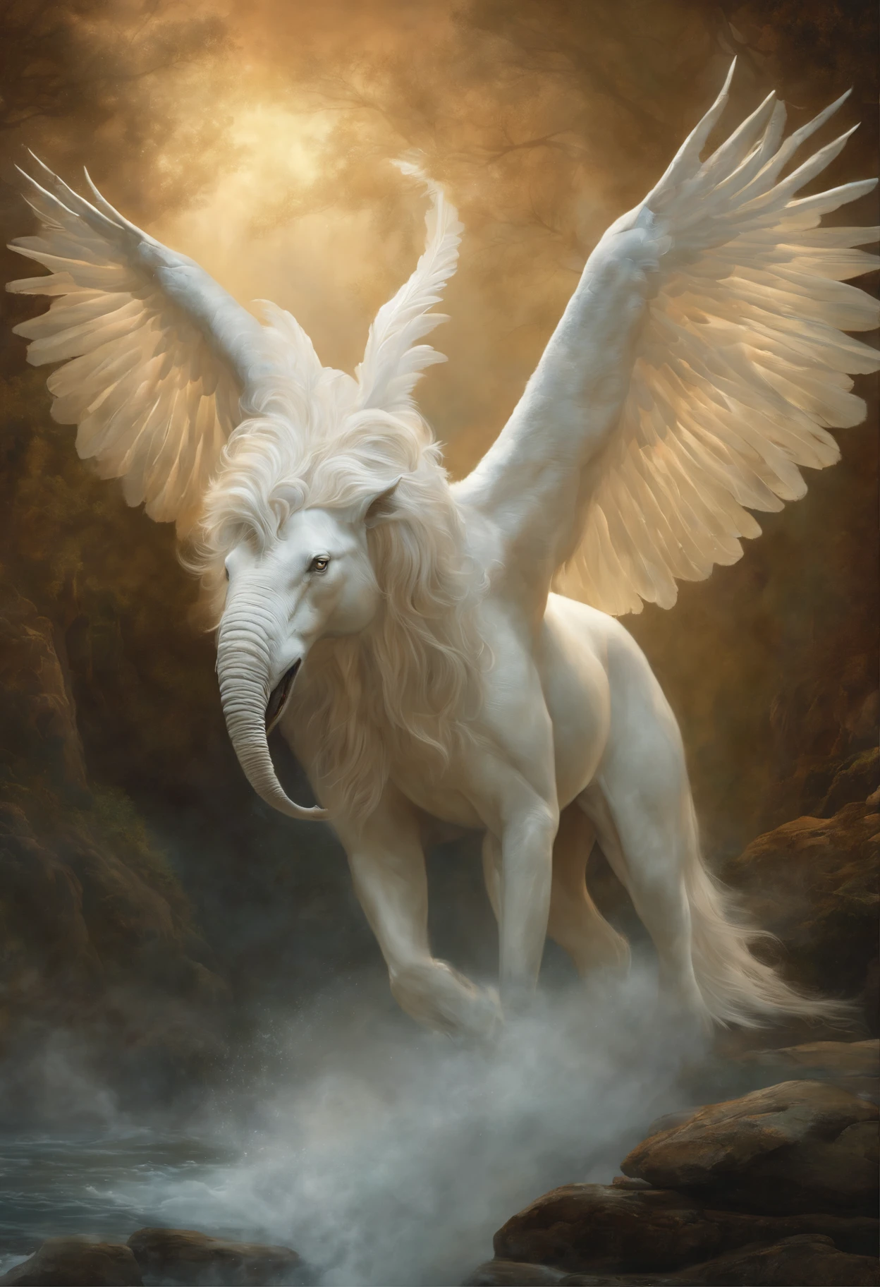 A strikingly mystical creature, reminiscent of a large, magical female monster, takes center stage in this vintagepunk artwork. The image, possibly a captivating painting or a carefully captured photograph, showcases an awe-inspiring big white creature with an ethereal aura. Its mottled shade of white encompasses a weathered yet mesmerizing appearance, emanating an air of enigmatic beauty. Every minute detail of this creature's otherworldly form, from its intricate scales to its flowing mane, is portrayed with exquisite quality, capturing the viewer's attention. This artistry exudes a sense of vintage charm while simultaneously evoking a futuristic essence, lending the image a unique and captivating appeal.