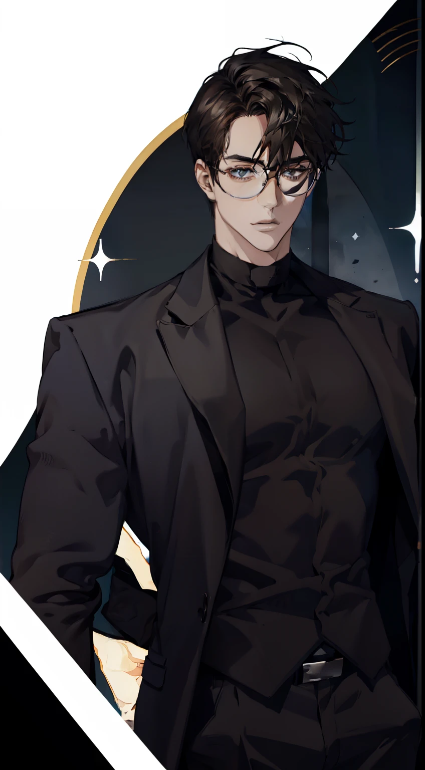 Mature male wearing golden glasses，wearing black suits，a broad shouldered，large tall，dark brown  hair，Look at the camera insidiously