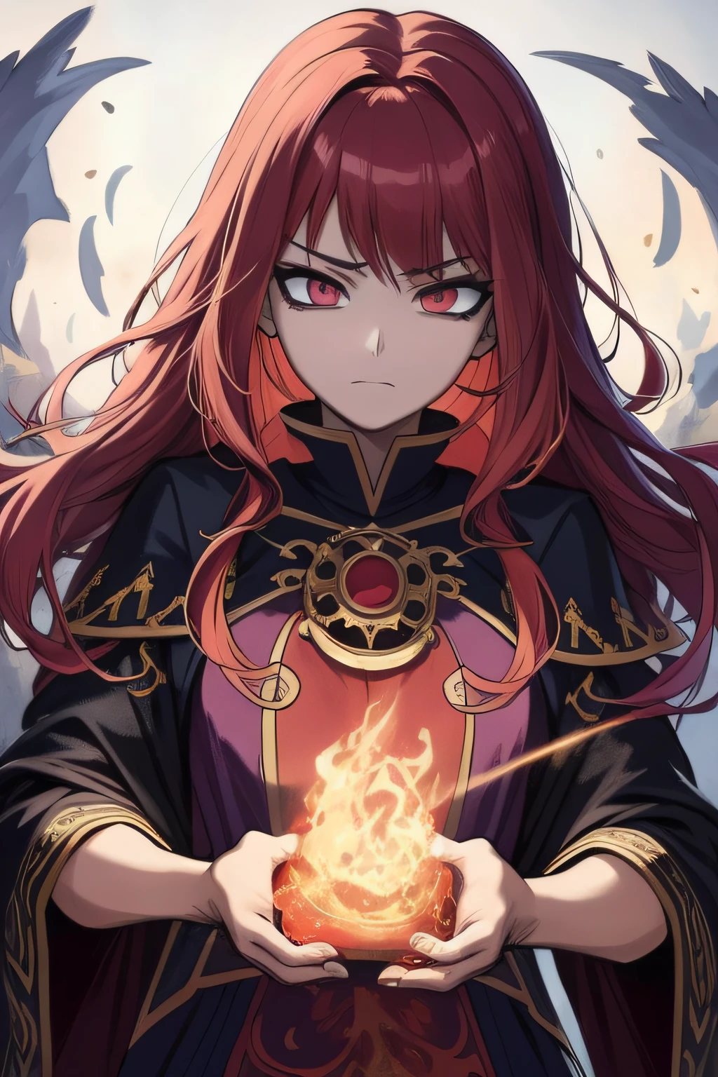 (una mujer pelirroja,Ropa de bruja,magia de fuego,anime),Altas Resoluciones,Ultra detallado,retrato,color rojo intenso,Soft lighting,cabello ondulado,volutas de llamas,ojos brillantes,bruja tiene,Libro de hechizos,Mystical aura,Mirada cautivadora,flowing robes,Magical Emotes,Efectos del humo,fondo oscuro,intense expression.
