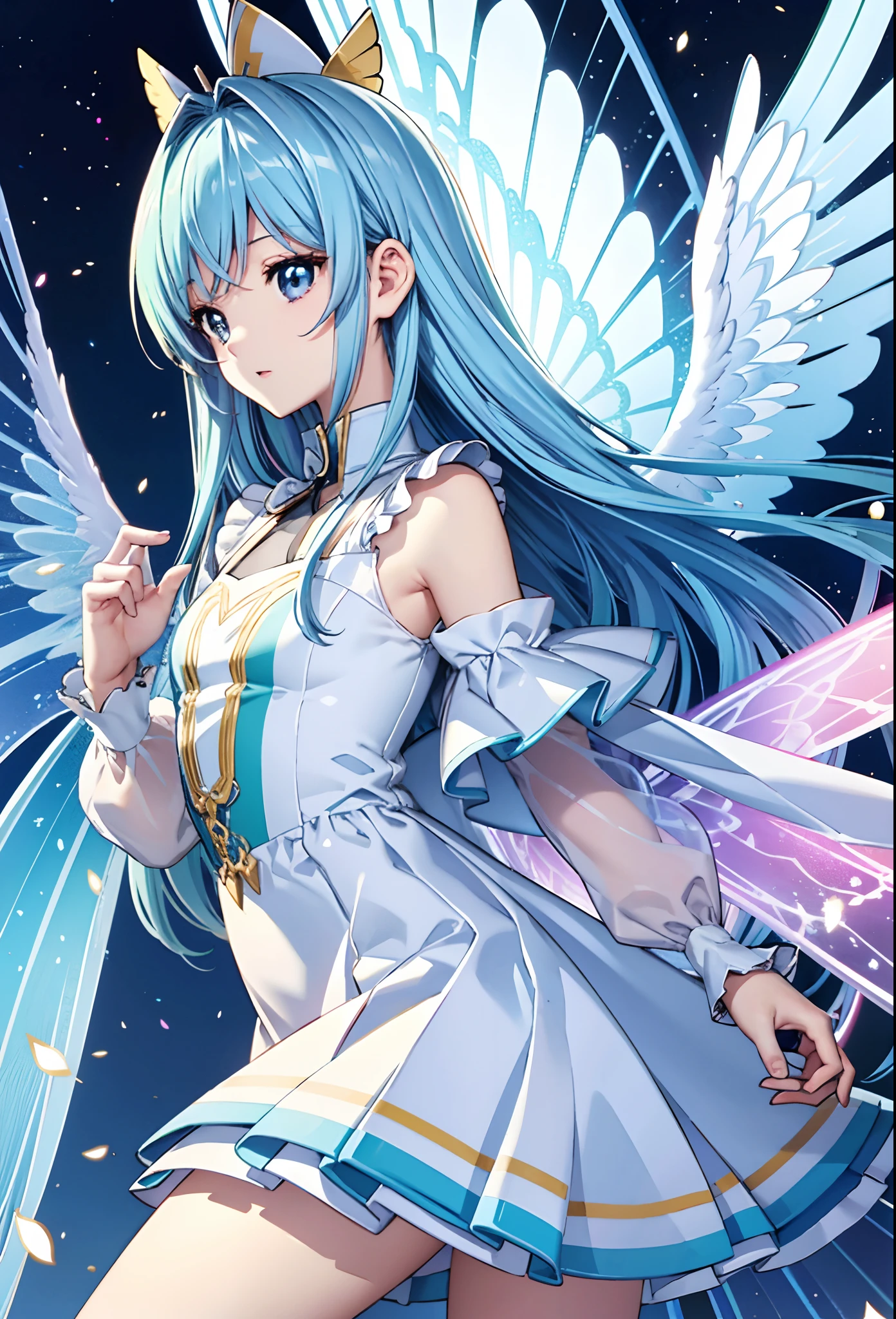 Rainbow Angel Wings、Kawaii Girl、Light blue long hair、Twin-tailed、Colorful angel costume、((top-quality))、((​masterpiece))、(ighly detailed、highestdetailed、Official art、Beautifully Aesthetic:1.2)