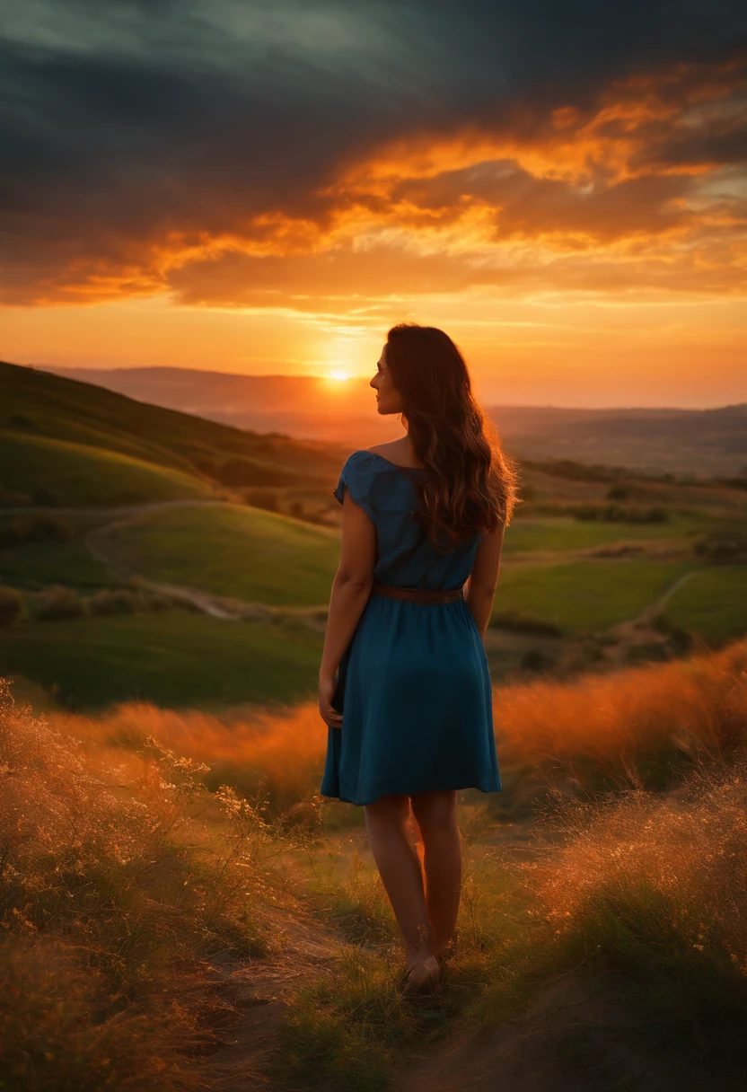a girl standing in a hill and look in the sun sine orange cloud