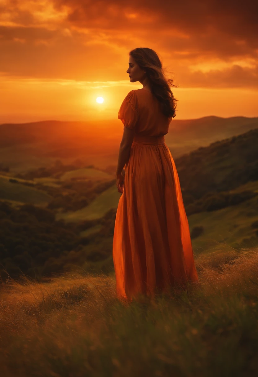 a girl standing in a hill and look in the sun sine orange cloud