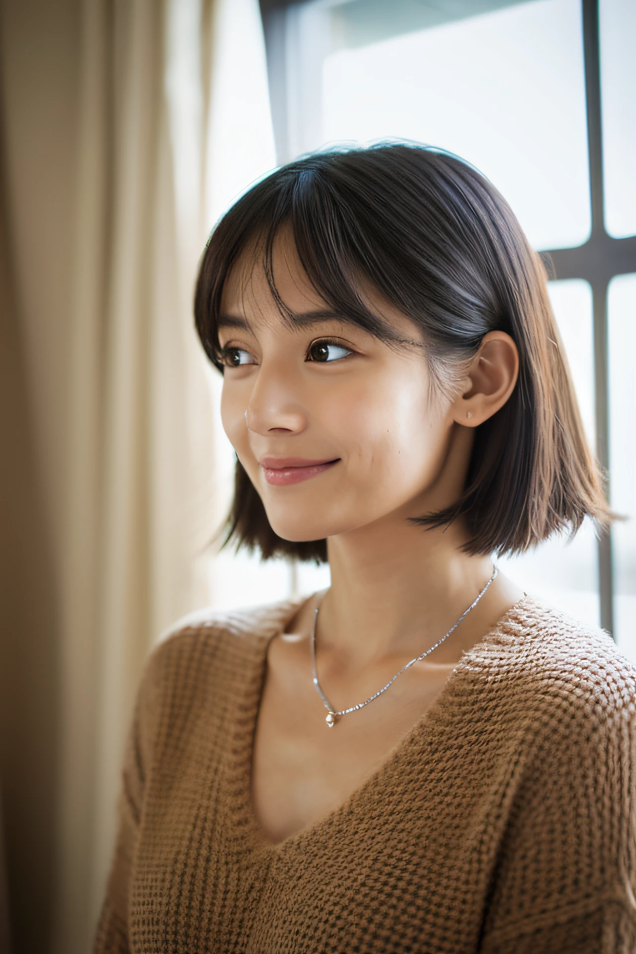 (8K, top-quality, masterpiece:1.3, 超A high resolution, A hyper-realistic), High Detail, ((Face like the real thing)), Photorealsitic, Raw foto, ((one beautiful women)), 28 year old, Detailed face, beautidful eyes, realisticeyes, Eyes in Beautiful Details, (real looking skin), Beautiful skins, enticing, depth of fields, hight resolution, High pixel count, clear details, sharp photo, Natural color reproduction, Noise Reduction, High fidelity, quality, Software Updates, Optimized algorithms, Inside a luxury hotel room, everyday clothes, Sweaters, perfect bodies, face perfect, perfect chest, perfect teeth, Perfect tooth alignment, small tits, Ears are visible, Looking away, Natural perspective, (Don't look your audience in the eye), a smile, kindly smile, Beautiful skins, enticing, the golden ratio, (Detal Face:1.2), profetional lighting, Lighting the face, best light, japanes,japanaese girl, Photo of a cute Japanese woman, Small necklace, Thin Silver Necklace, simple background, Casual pose, Short hair swaying in the wind