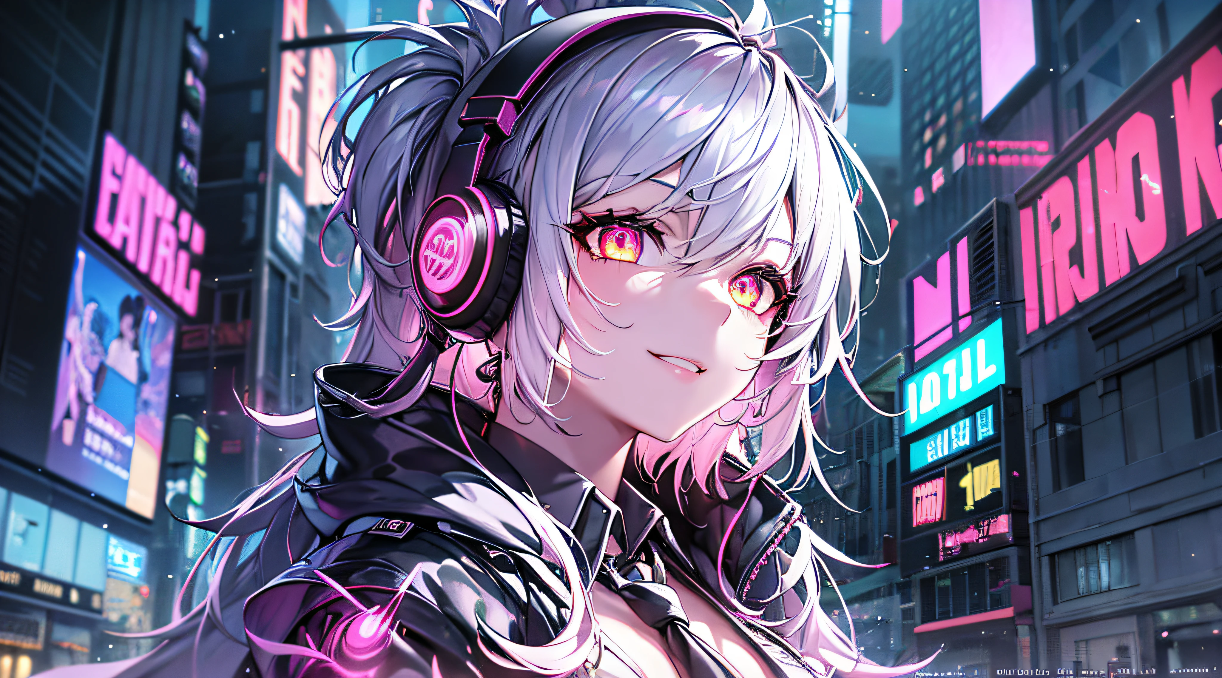 , chromatic abberation, depth of fields, Soft lighting, masutepiece, Best Quality, Convoluted, tone mapped, Highly detailed, art stations, Concept art, Smooth, Sharp Focus, Dramatic Lighting, Highly detailed artwork, Cinematic, painting hyper realistic, Trending on ArtStation, 8K, Incredible shadows, Realistic, (Highly detailed background:1.0), Highly detailed portrait of one girl standing on a street corner, During a storm with lightning strikes and cloudy skies, neon and cyberpunk background, She wears punk clothes with silver chains and silver spikes, She has a butterfly wing hair clip in her wild hair, She wears headphones and a tie, Petite, Detailed glowing red eyes with distinct pupils, Ominous aura halo, Smile, punk, Cyberpunk, Backlighting