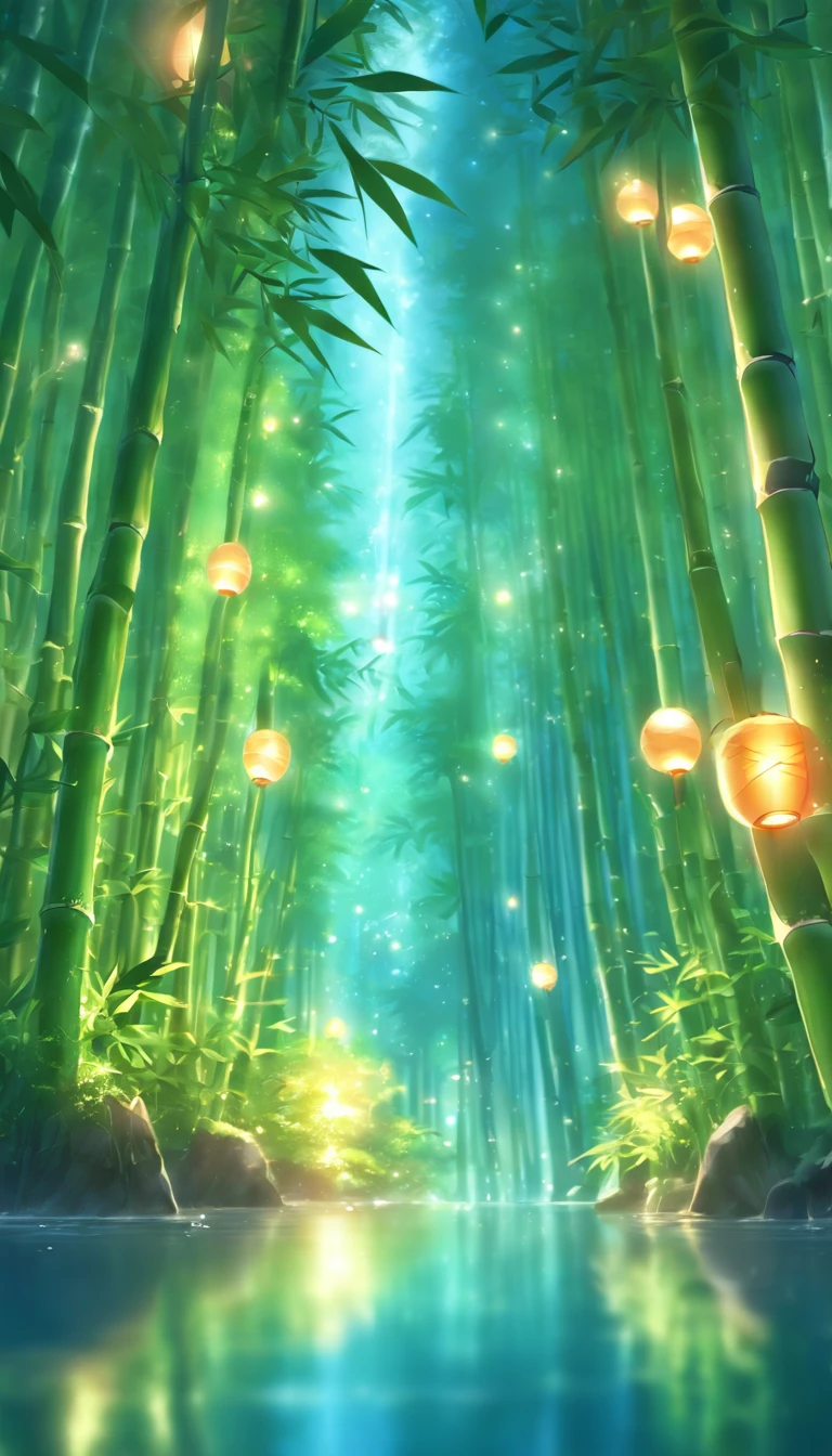 (best quality,4k,8k,highres,masterpiece:1.2),ultra-detailed,(realistic,photorealistic,photo-realistic:1.37),bamboo forest,moonlight through the bamboo forest,round moon,dancing fireflies,scattered white lanterns,anime background art,anime beautiful peaceful scene,beautiful anime scenery,anime lush John 8K bamboo forest,mysterious forest lake,anime nature,bamboo forest and river,riverside in the bamboo forest,anime scenery wallpaper,serene lush bamboo forest,anime background,anime nature wallpaper,gentle rippling bamboo creek
